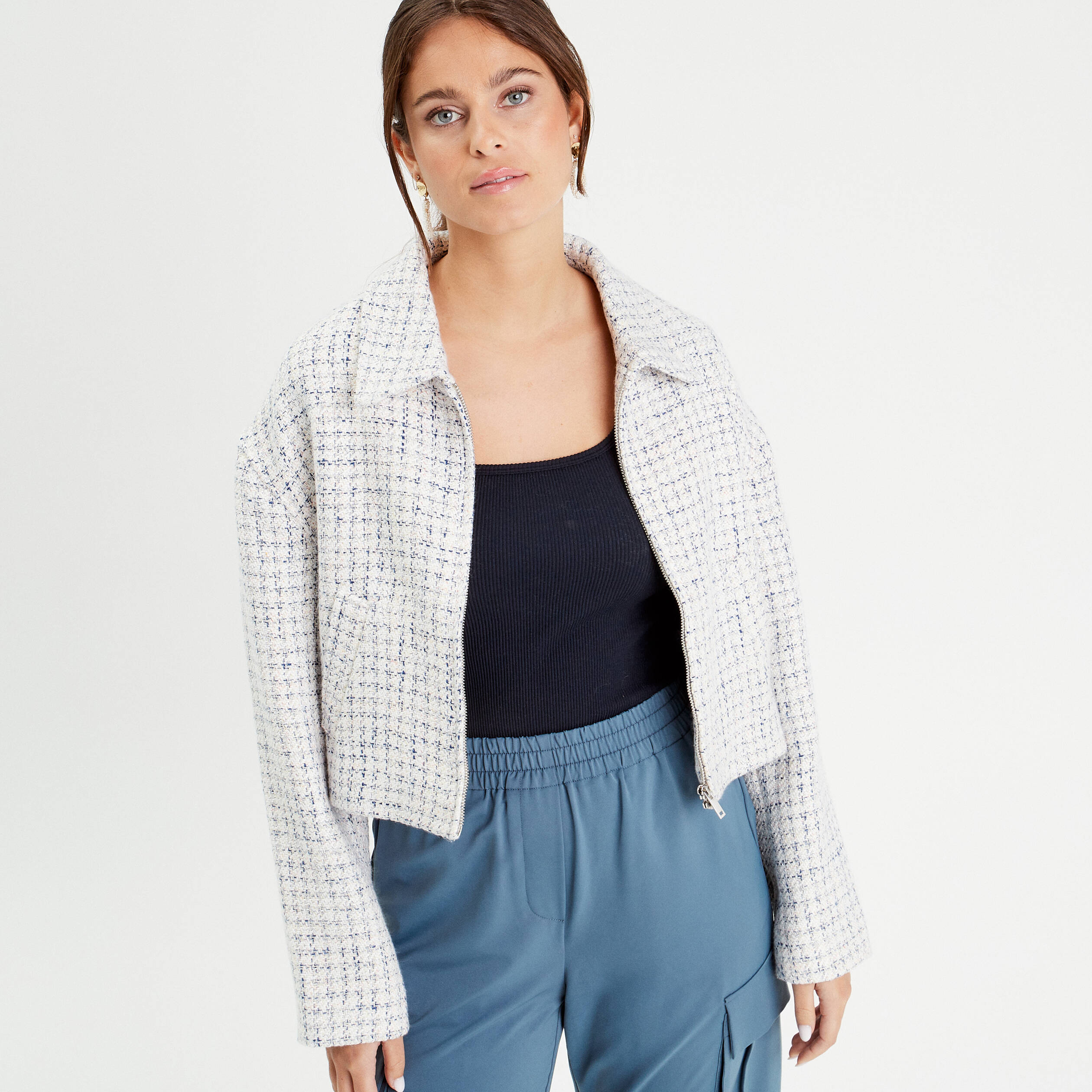 Veste courte oversize zipp&eacute;e blanc femme