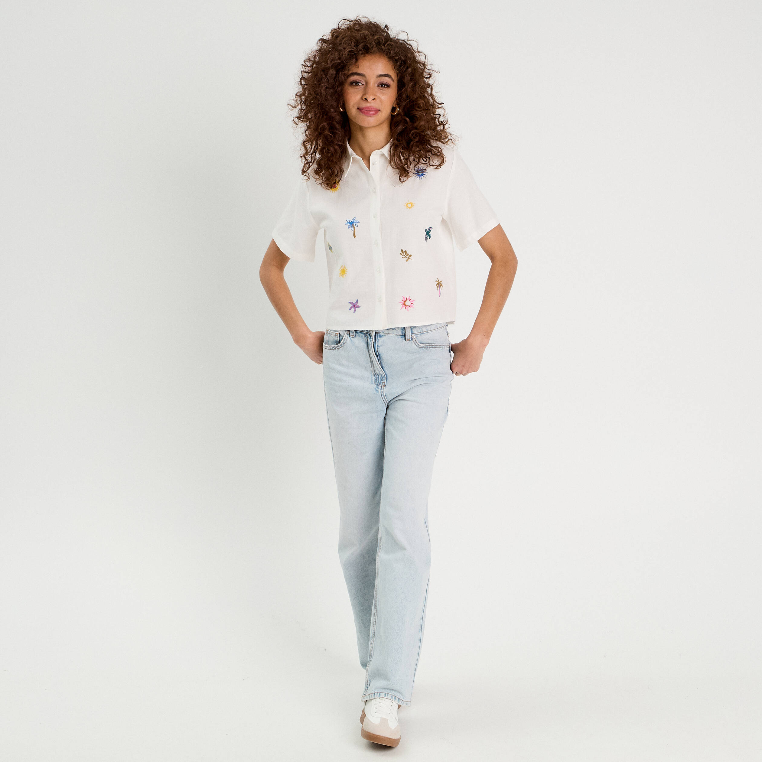 chemise brodee manches courtes ecru femme Chemise brodée manches courtes ecru femme
