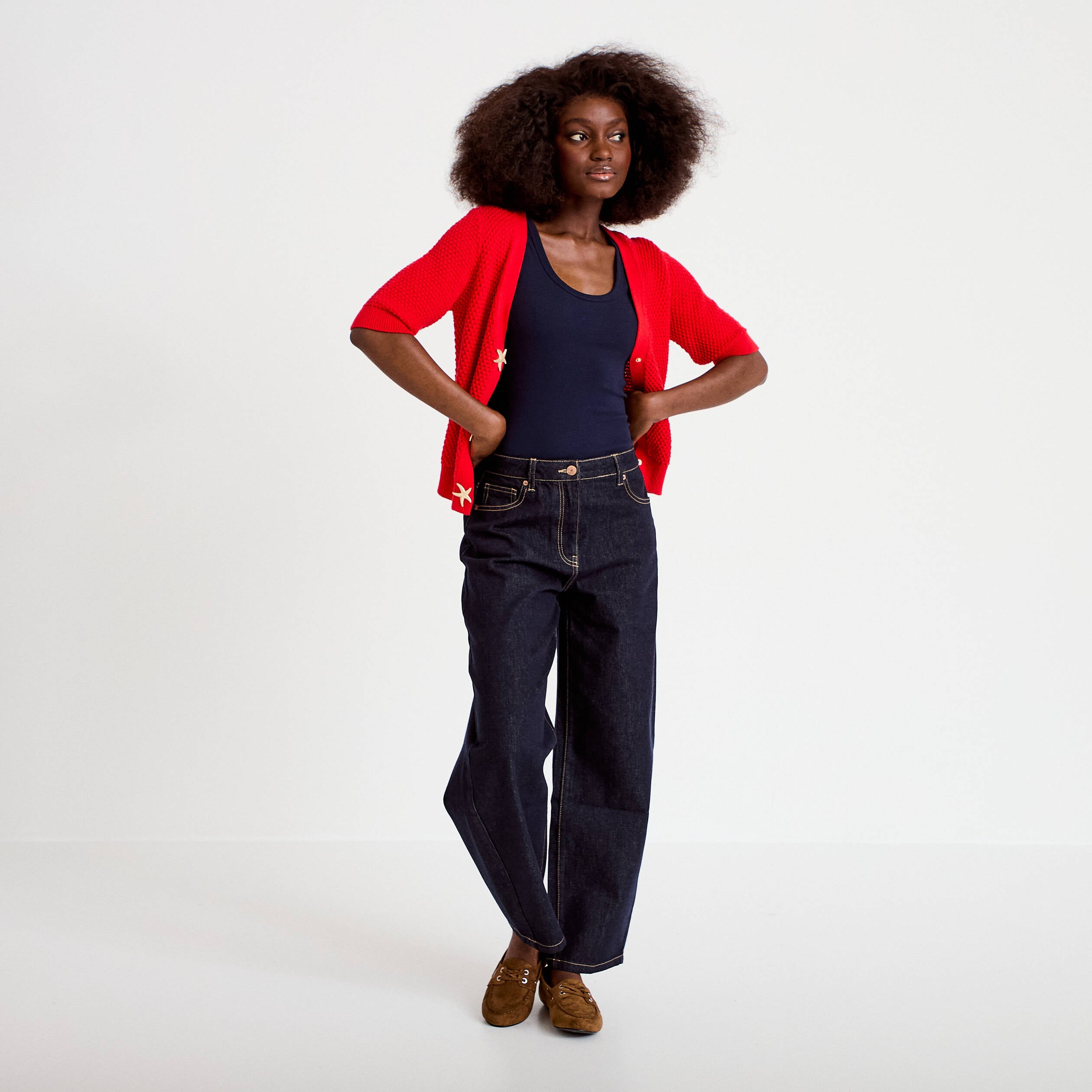 D&eacute;bardeur c&ocirc;tel&eacute; col rond bleu marine femme