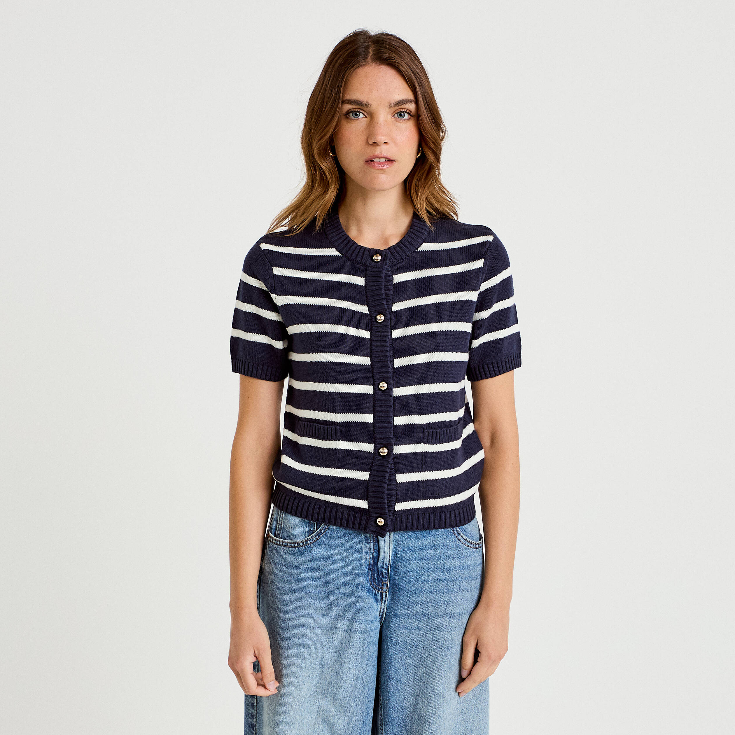 Gilet manches courtes bleu femme
