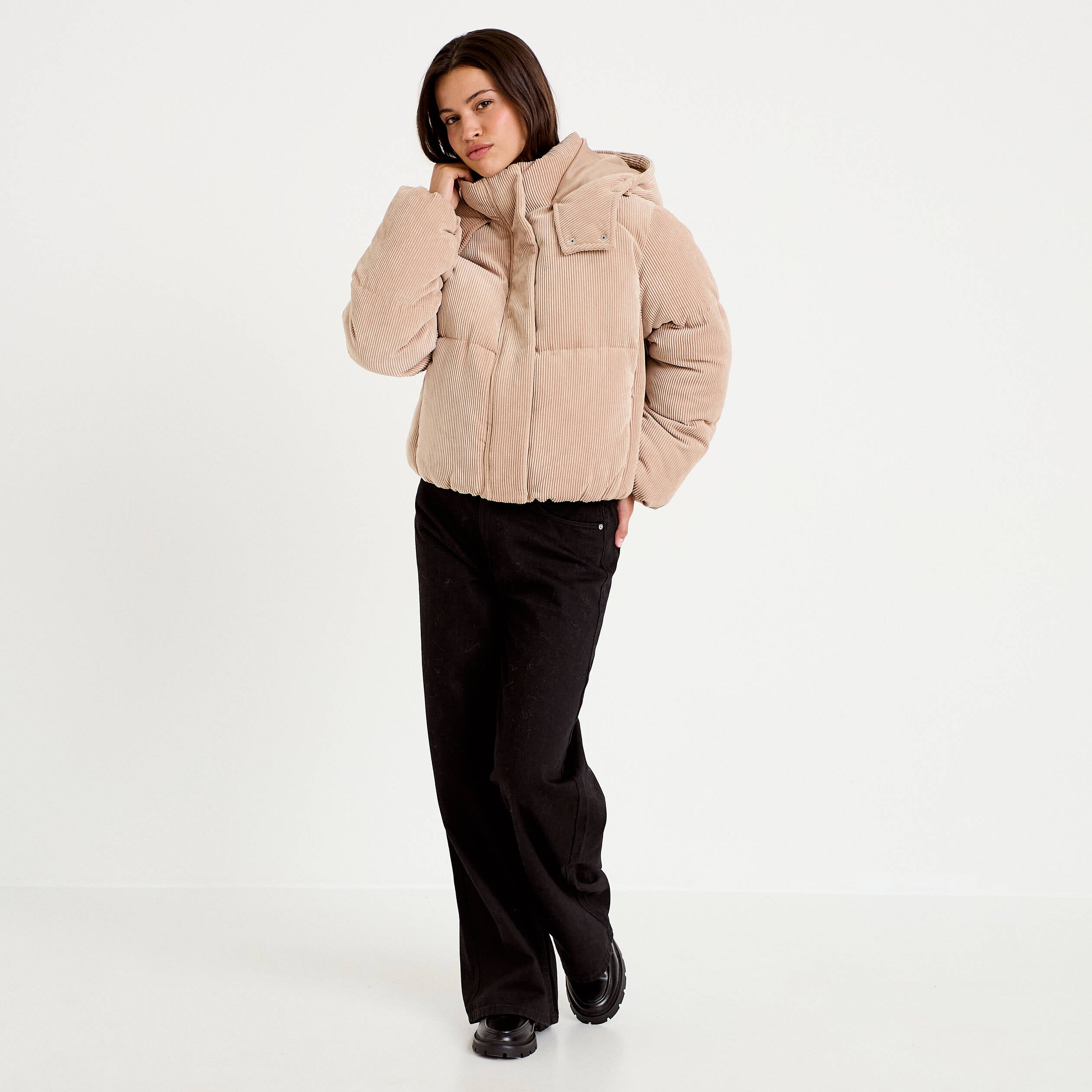 Doudoune r&eacute;versible courte velours beige femme