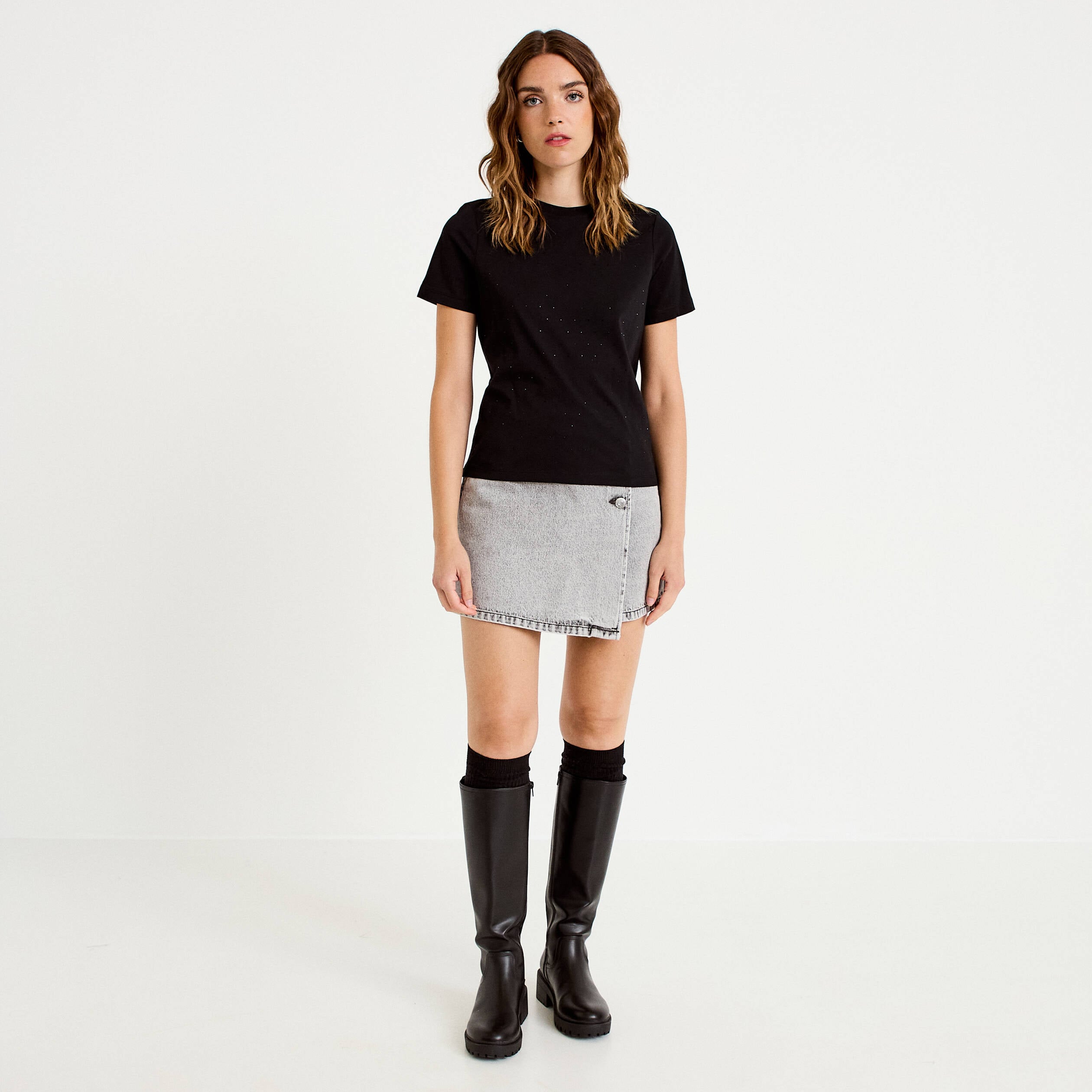 Jupe-short droite en jean denim gris femme