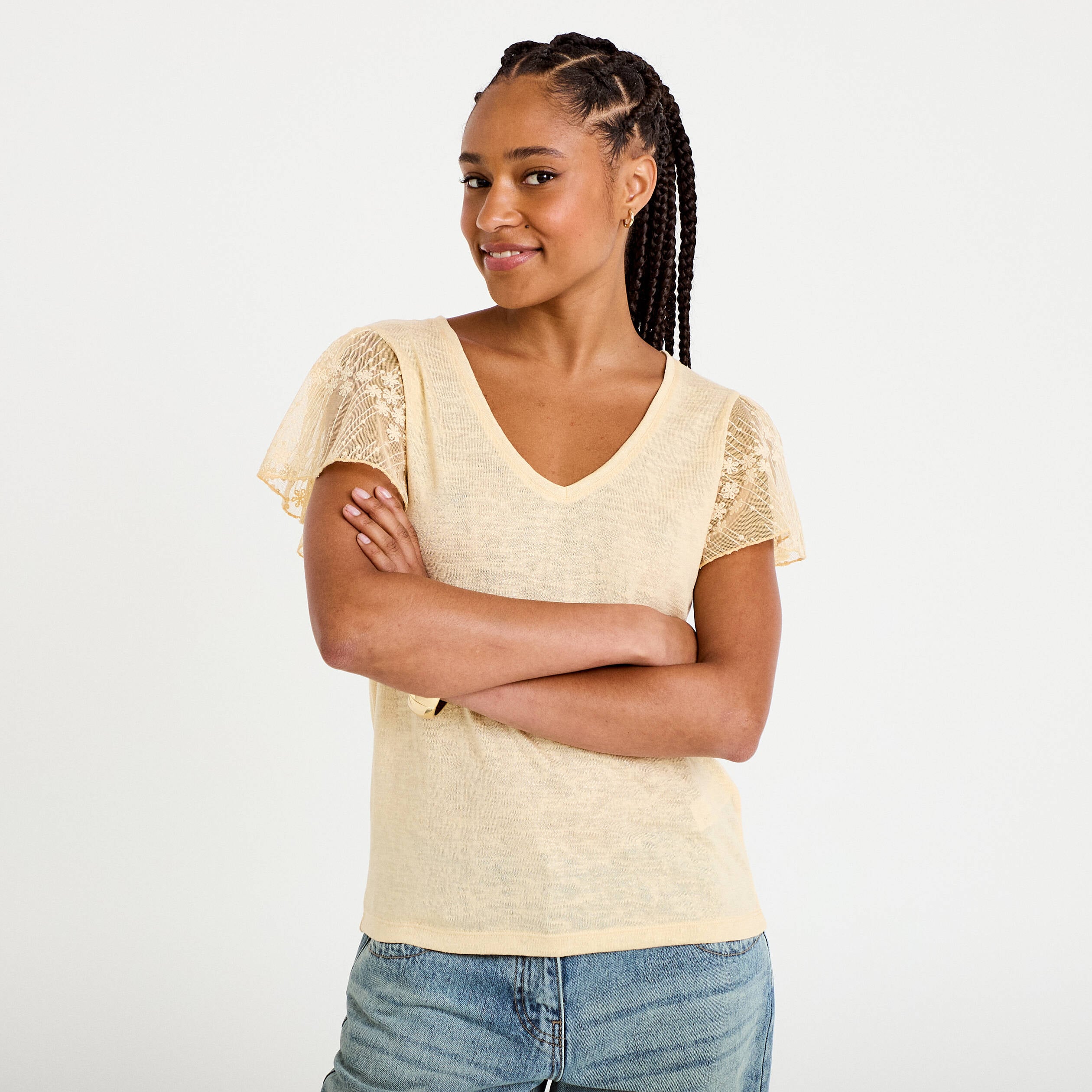 T-shirt manches dentelle sable femme