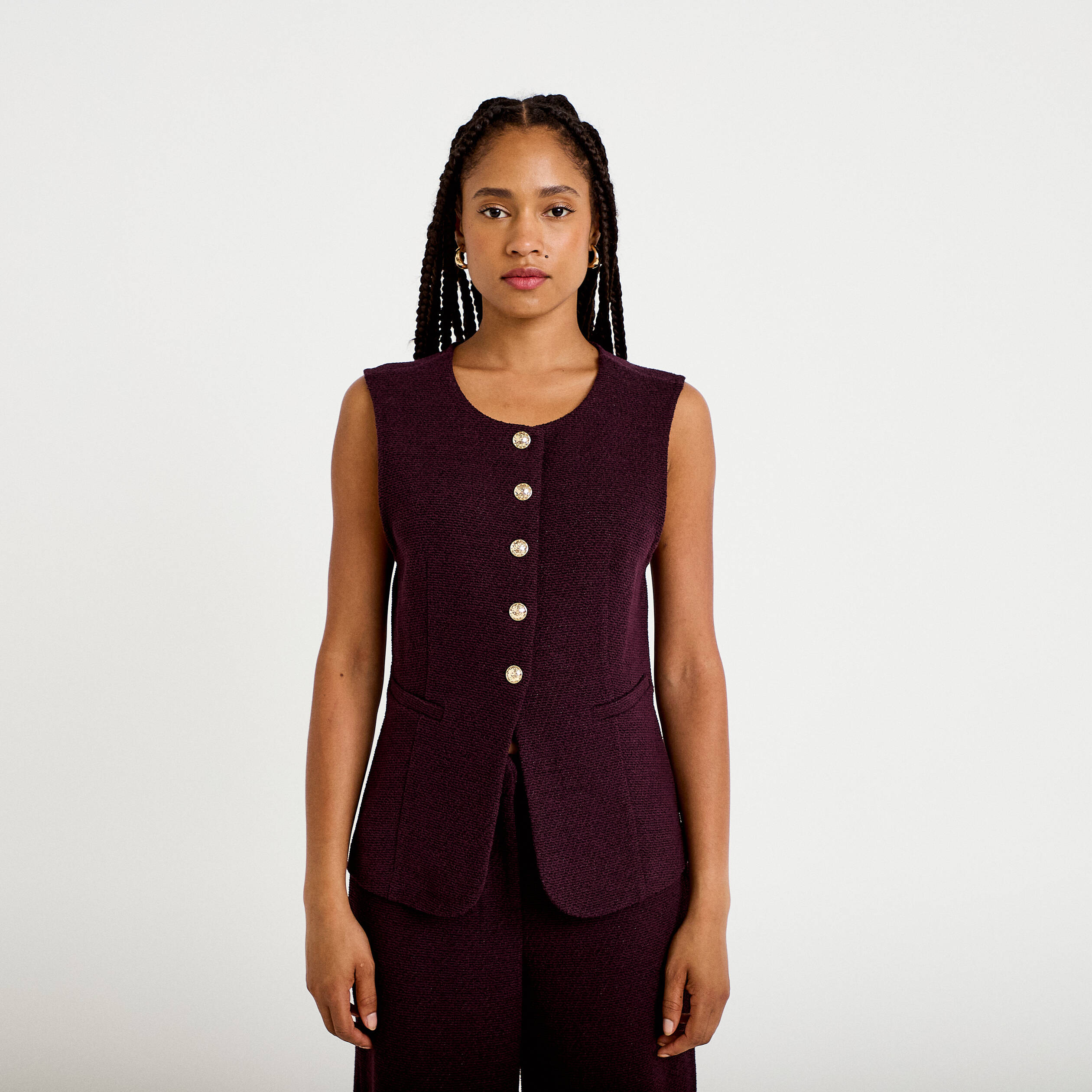 Gilet sans manches tweed violet fonc&eacute; femme