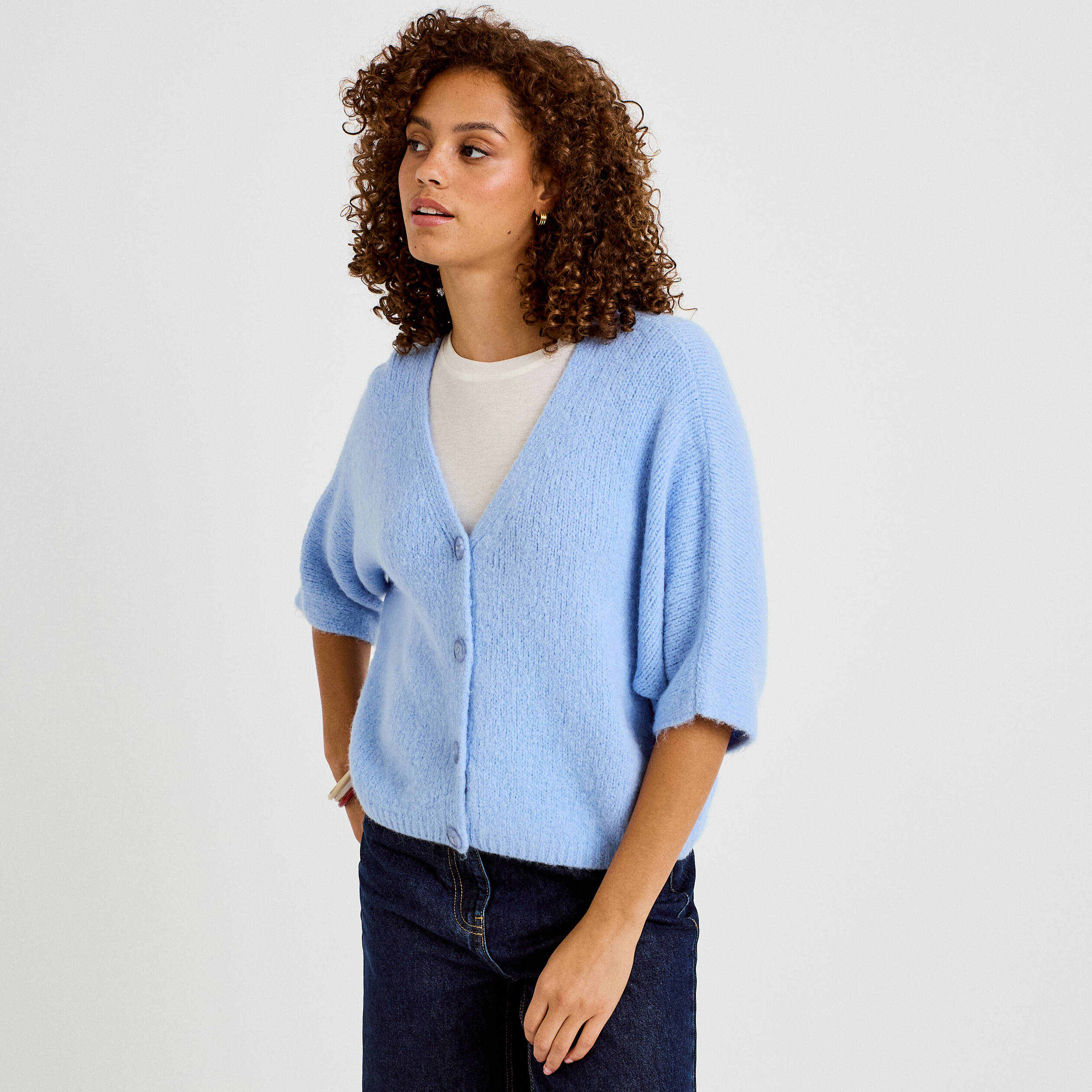 Gilet ample col v manches 3/4 bleu ciel femme