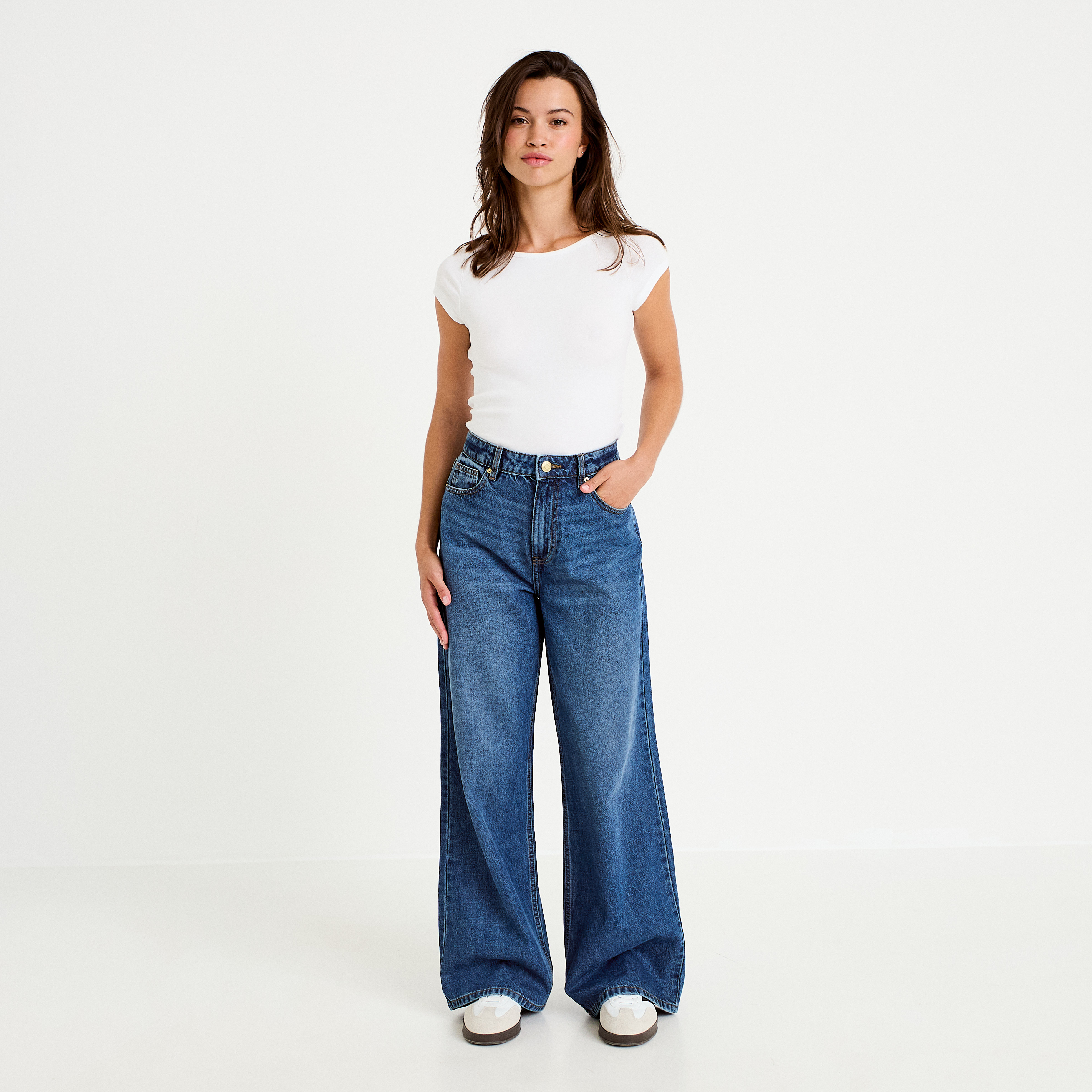 Jean wide leg taille haute Petite bleu fonc&eacute; femme