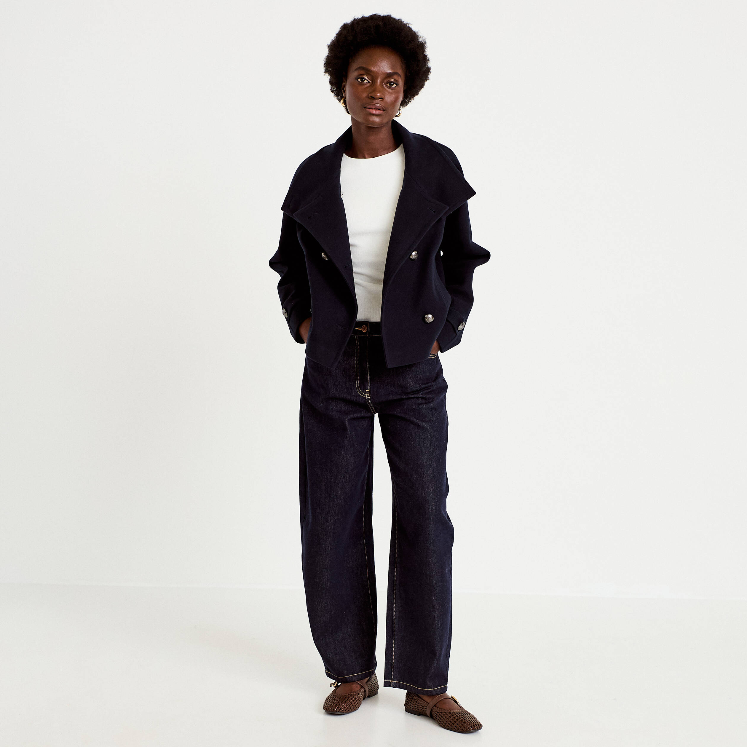 Caban droit col montant manches longues bleu marine femme