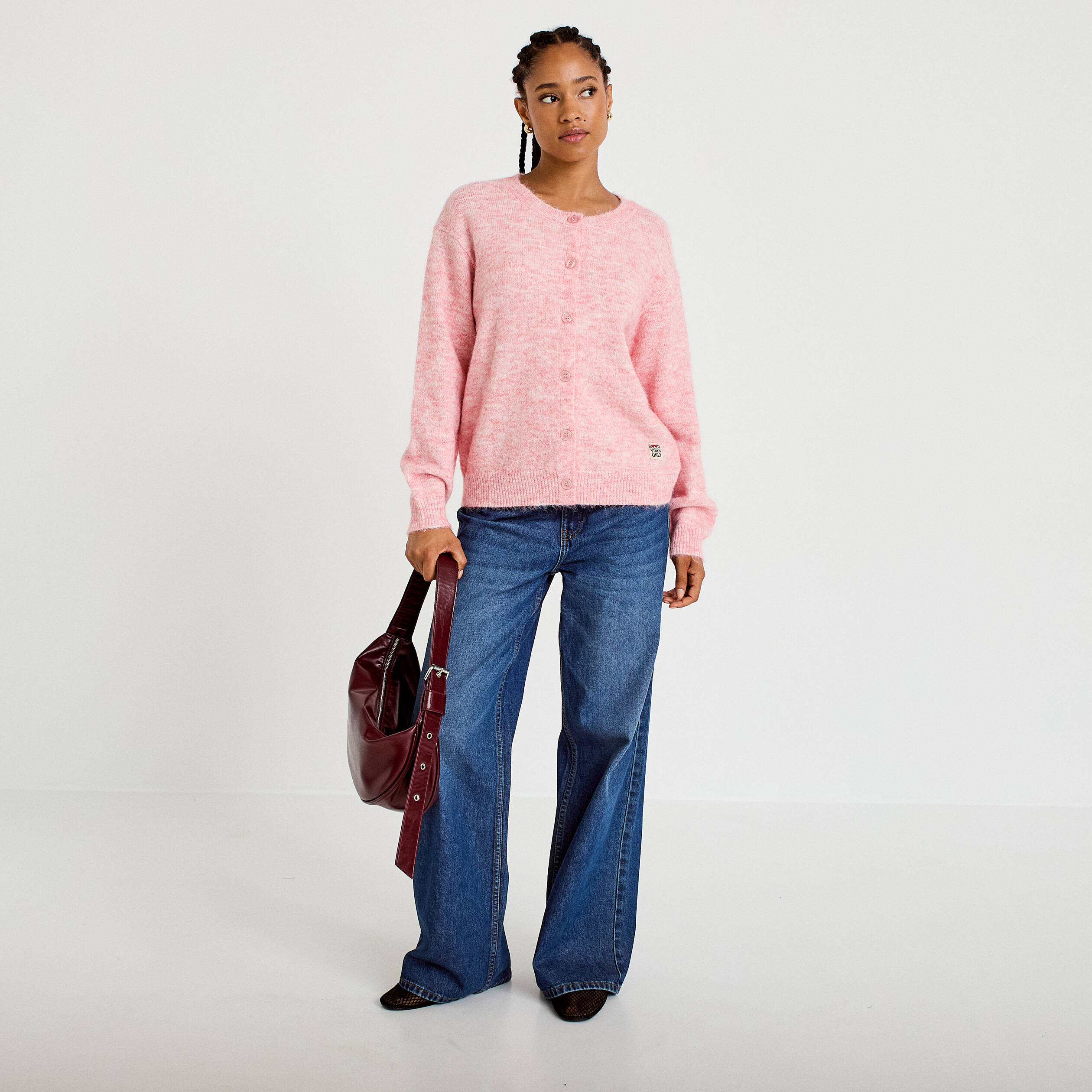Gilet ample manches longues rose clair femme