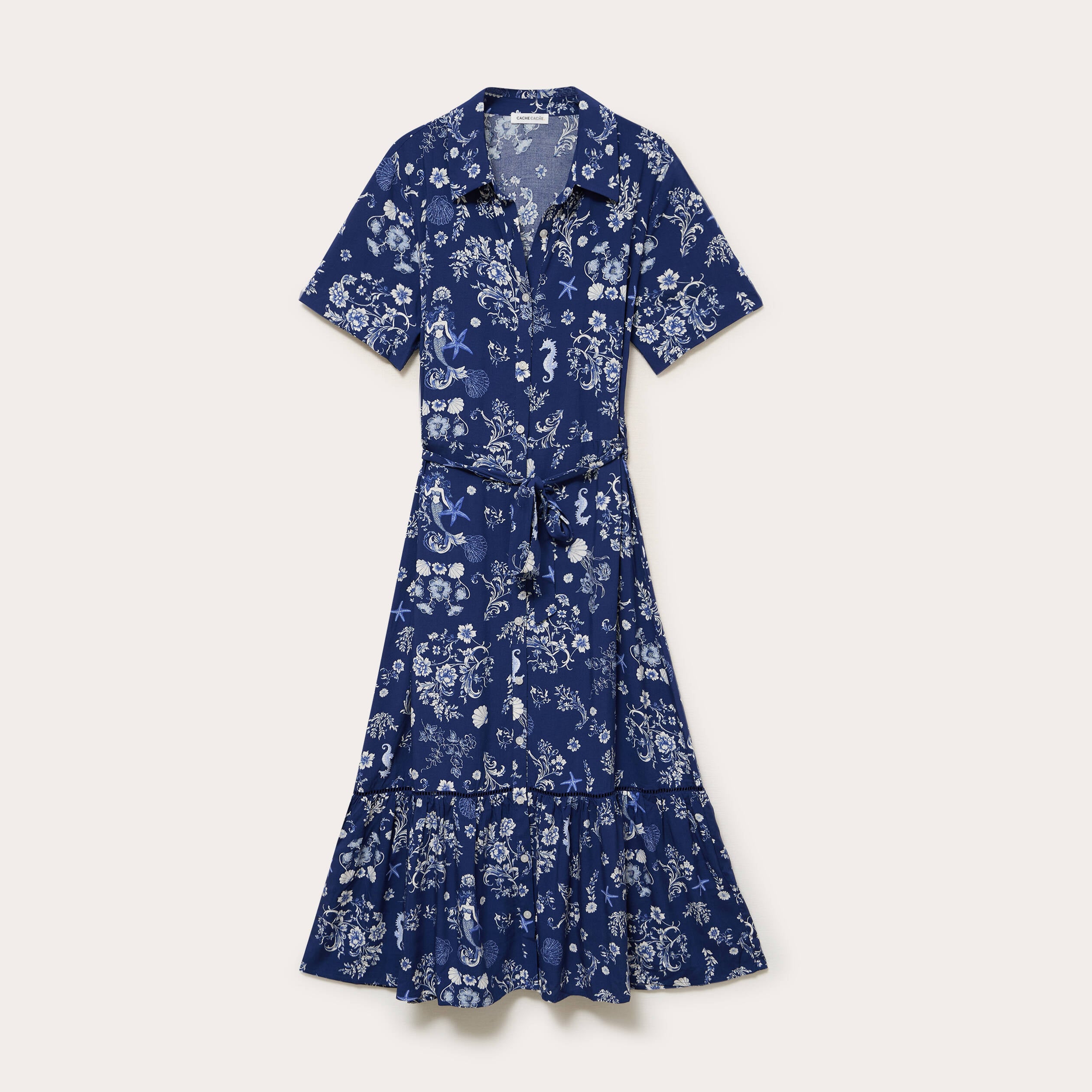 Robe longue col chemise bleu marine femme