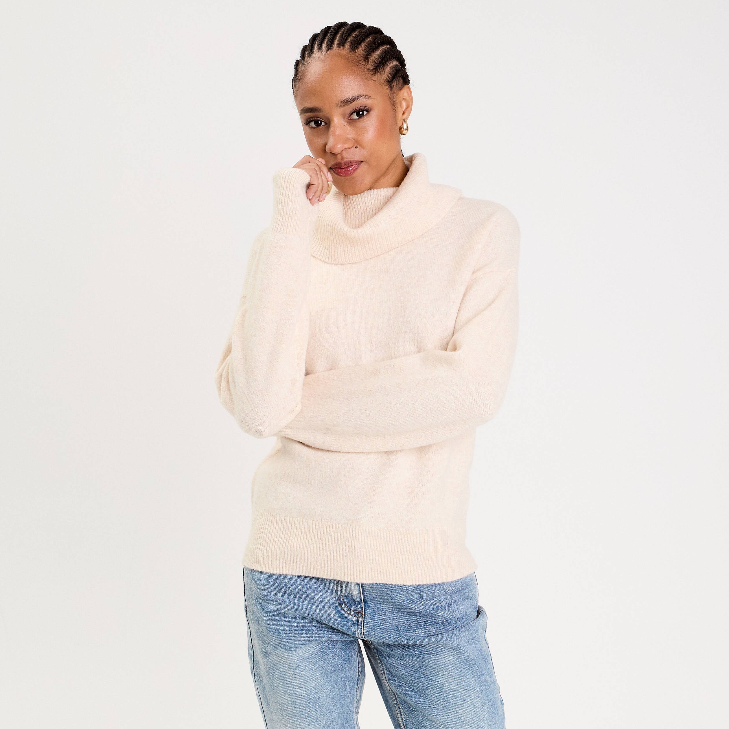 Pull avec col roul&eacute; ecru femme