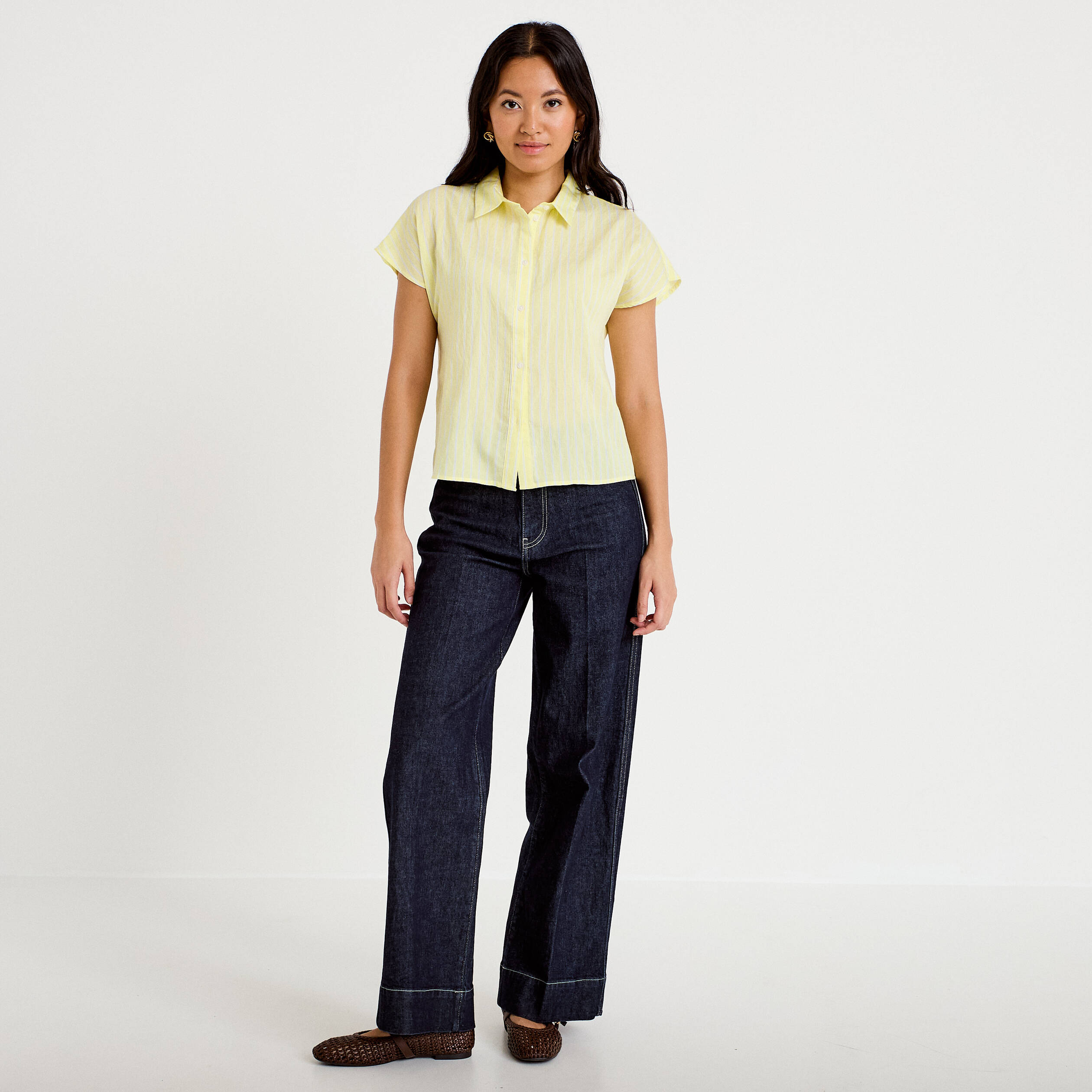Chemise ample pliss&eacute;e manches courtes jaune femme