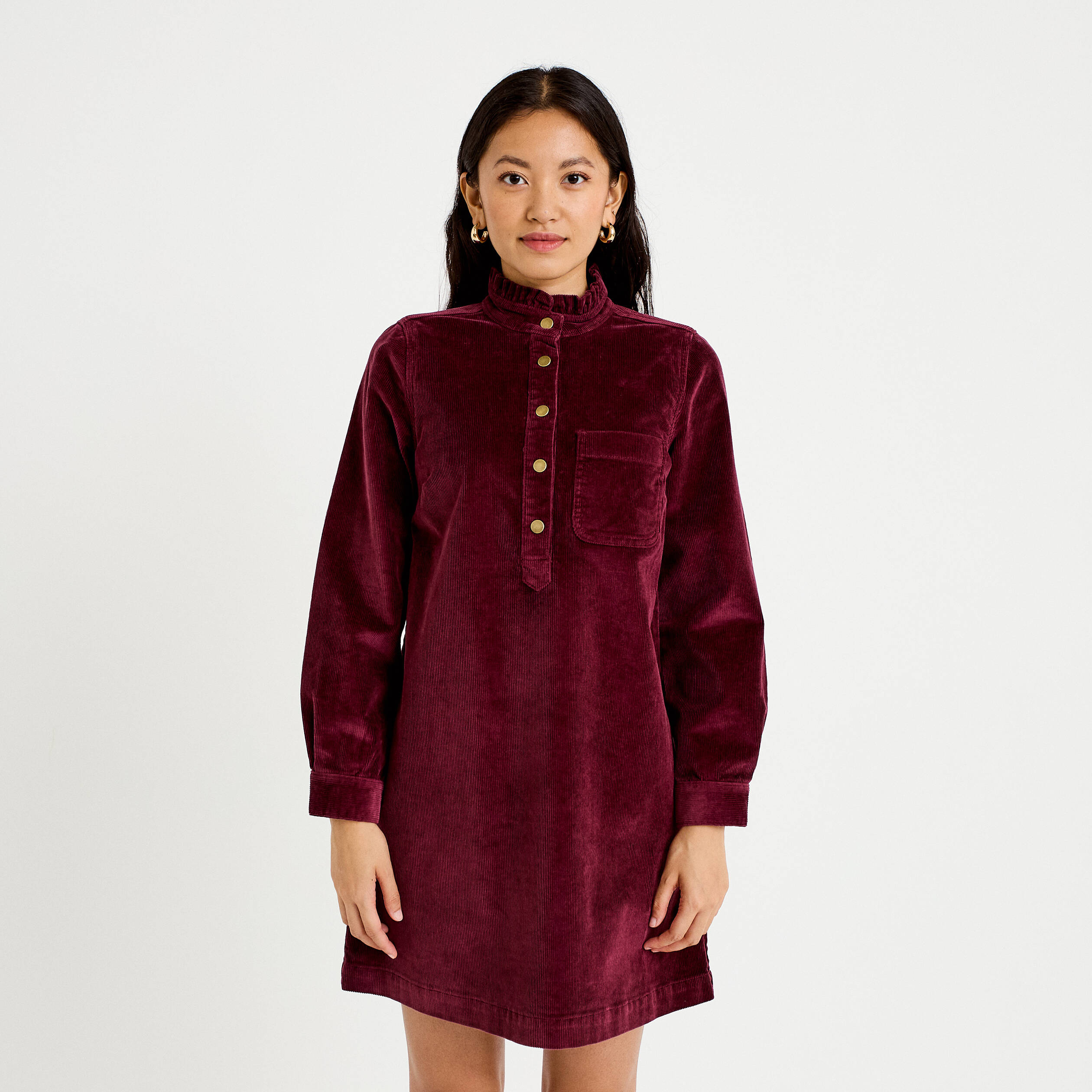 Robe &eacute;vas&eacute;e velours col montant bordeaux femme
