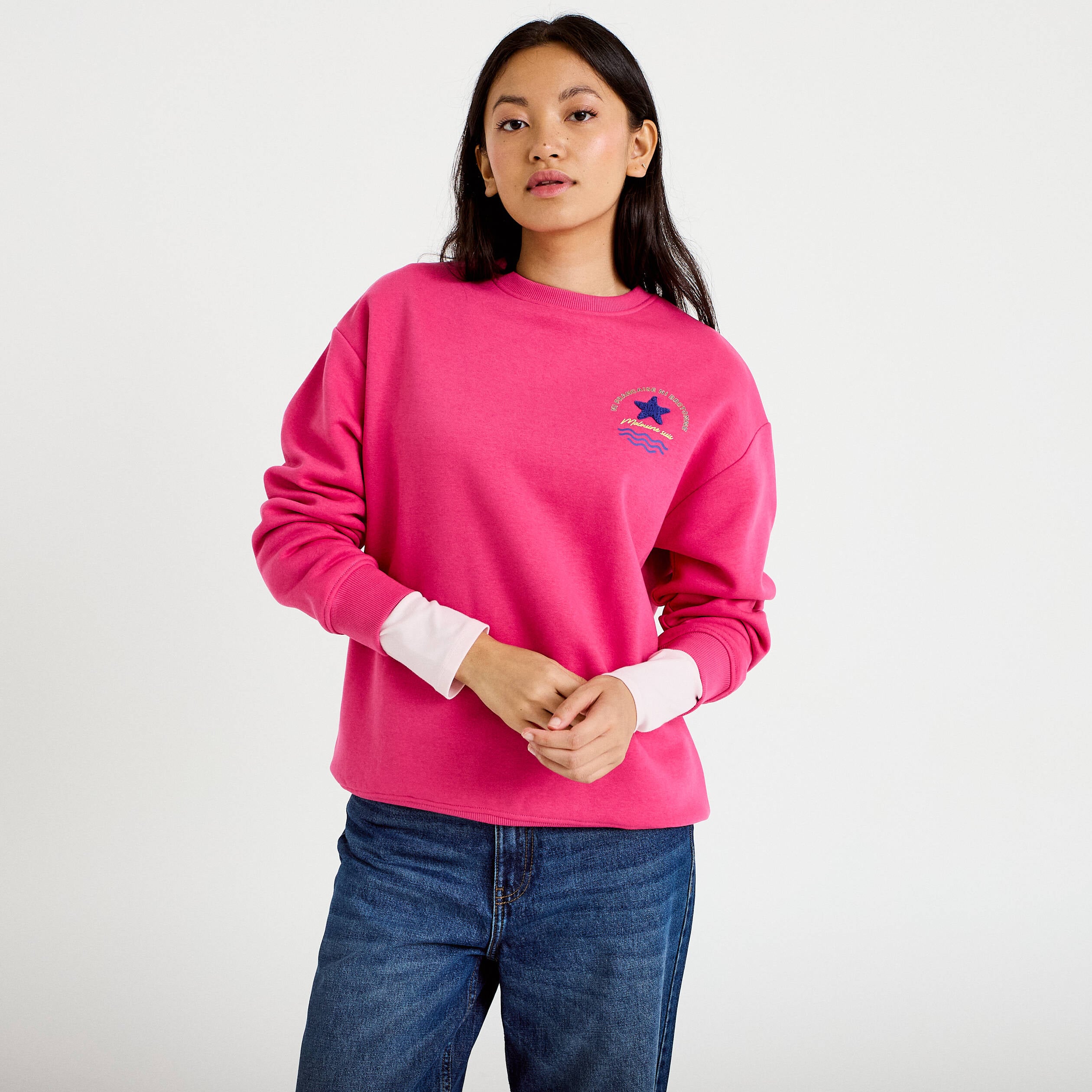 Sweat col rond manches longues rose fushia femme