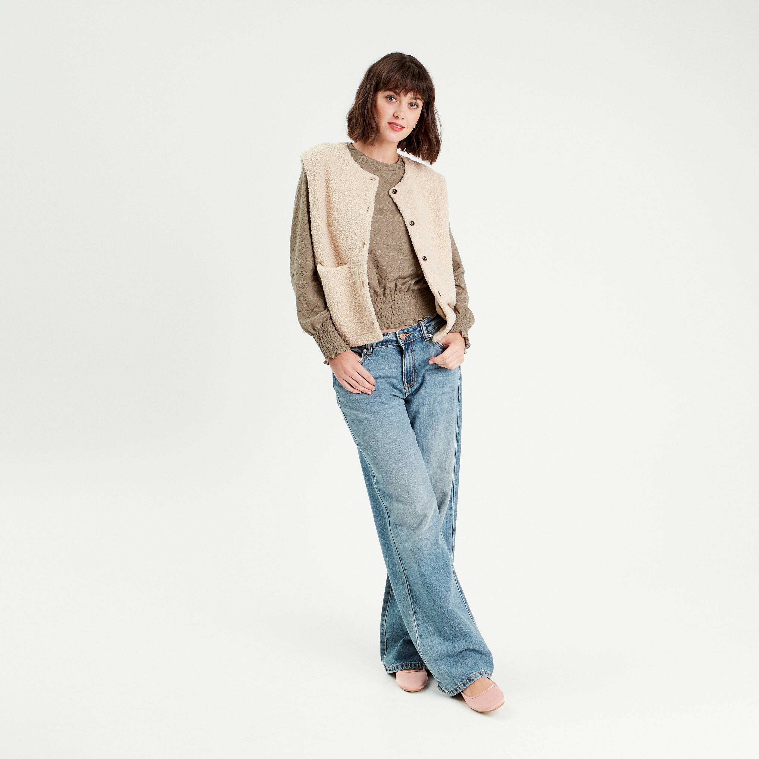 blouse smockee manches longues vert kaki femme Blouse smockée manches longues vert kaki femme