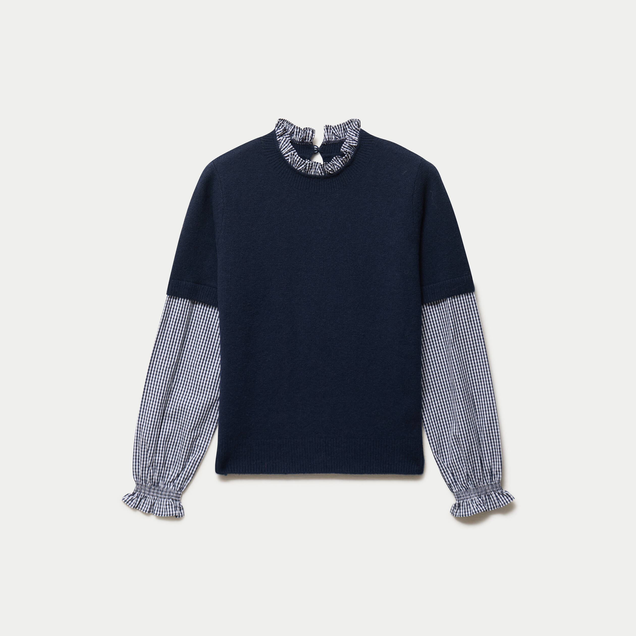 Pull 2-en-1 col rond manches vichy bleu marine femme