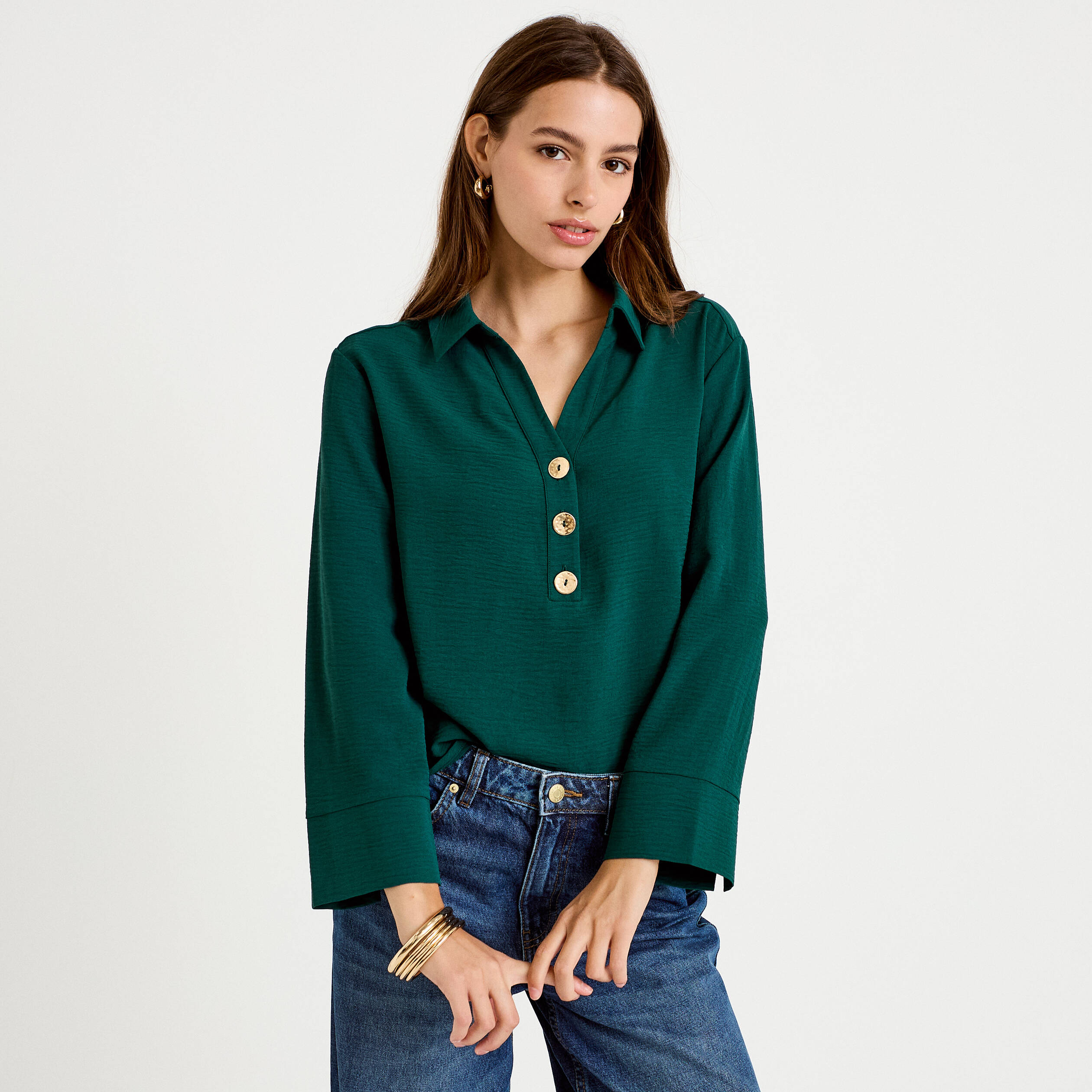 Blouse manches longues vert fonc&eacute; femme