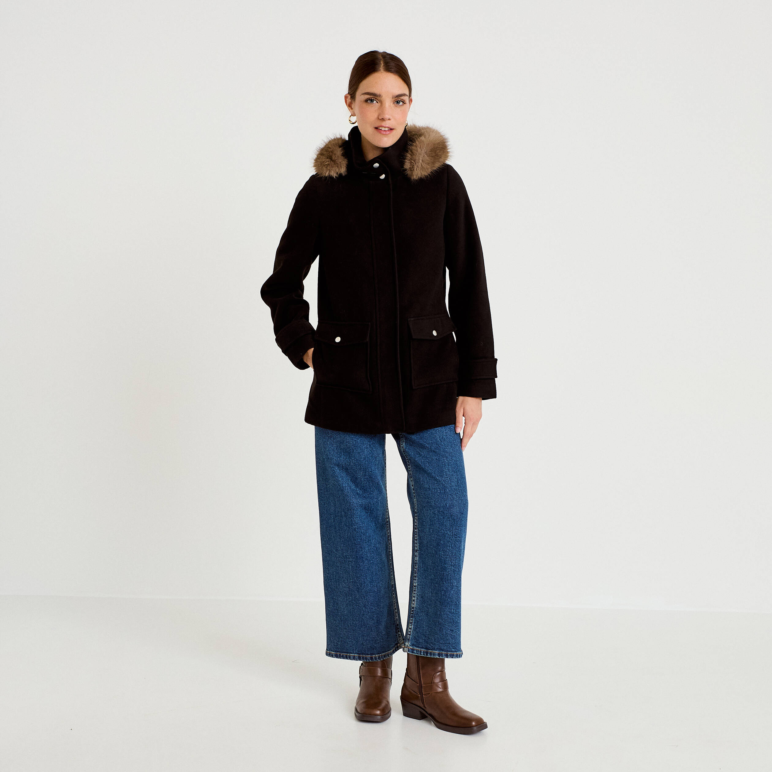 Manteau mi-long &agrave; capuche noir femme