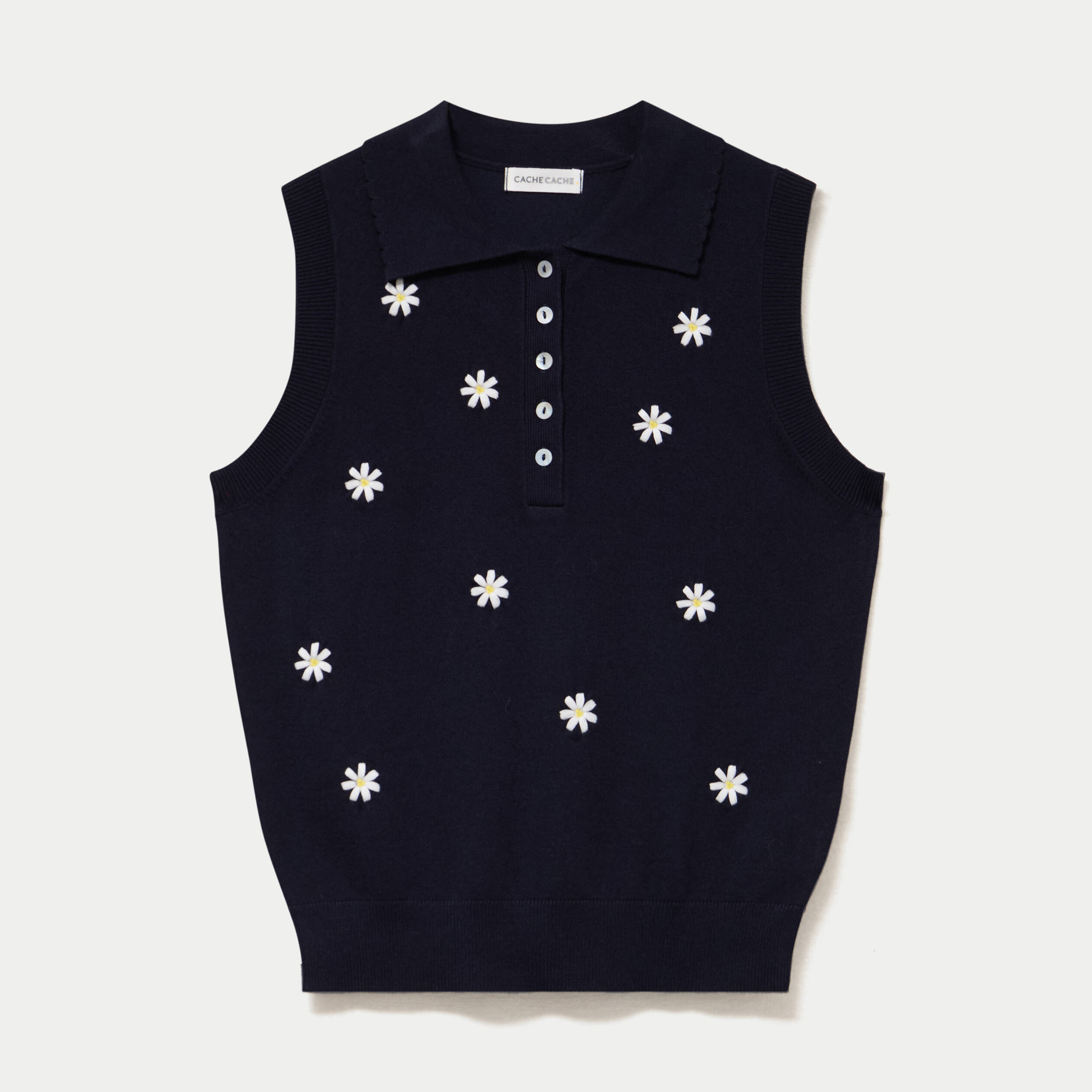 Polo sans manches col chemise brod&eacute; bleu marine femme