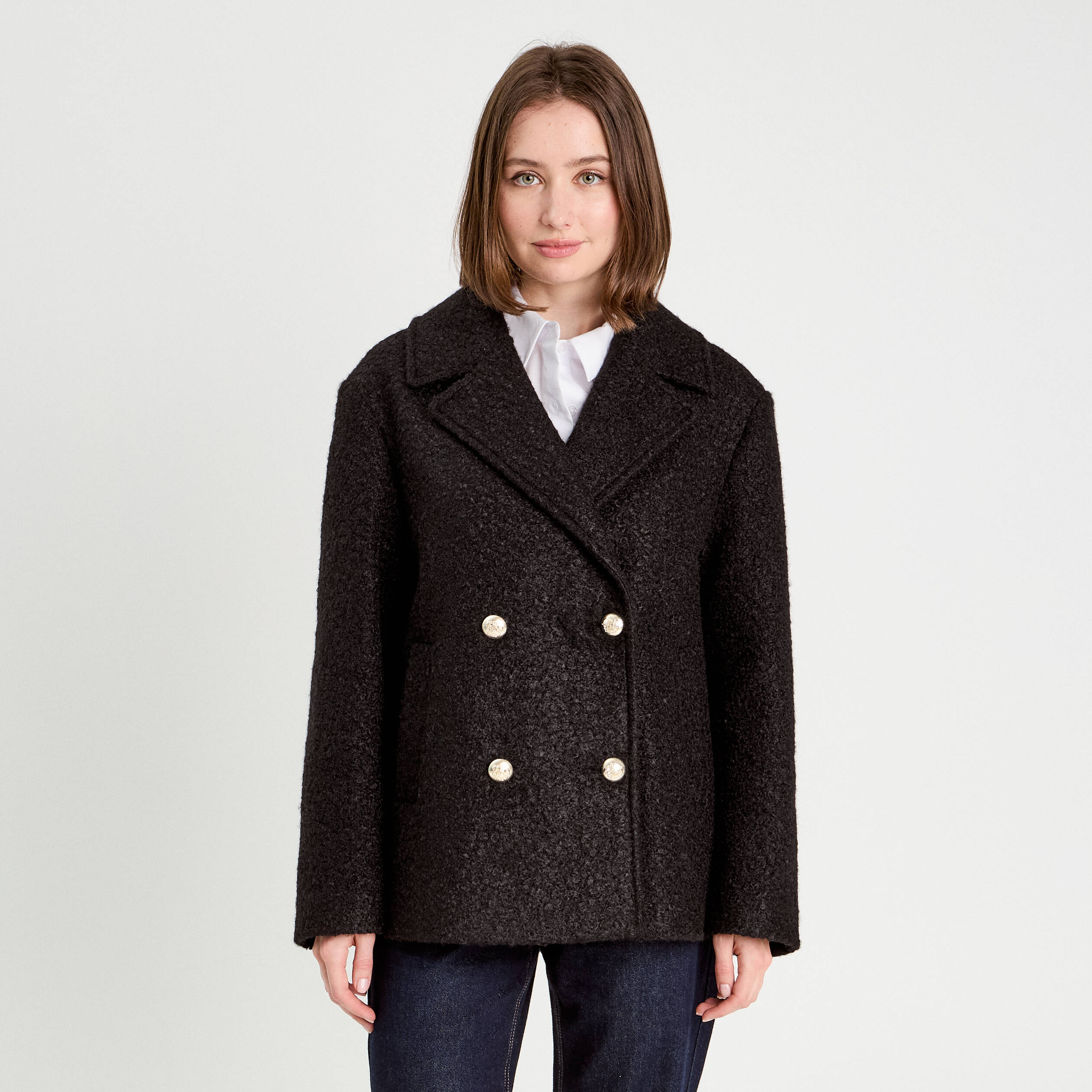 Manteau bouclette boutonn&eacute; noir femme