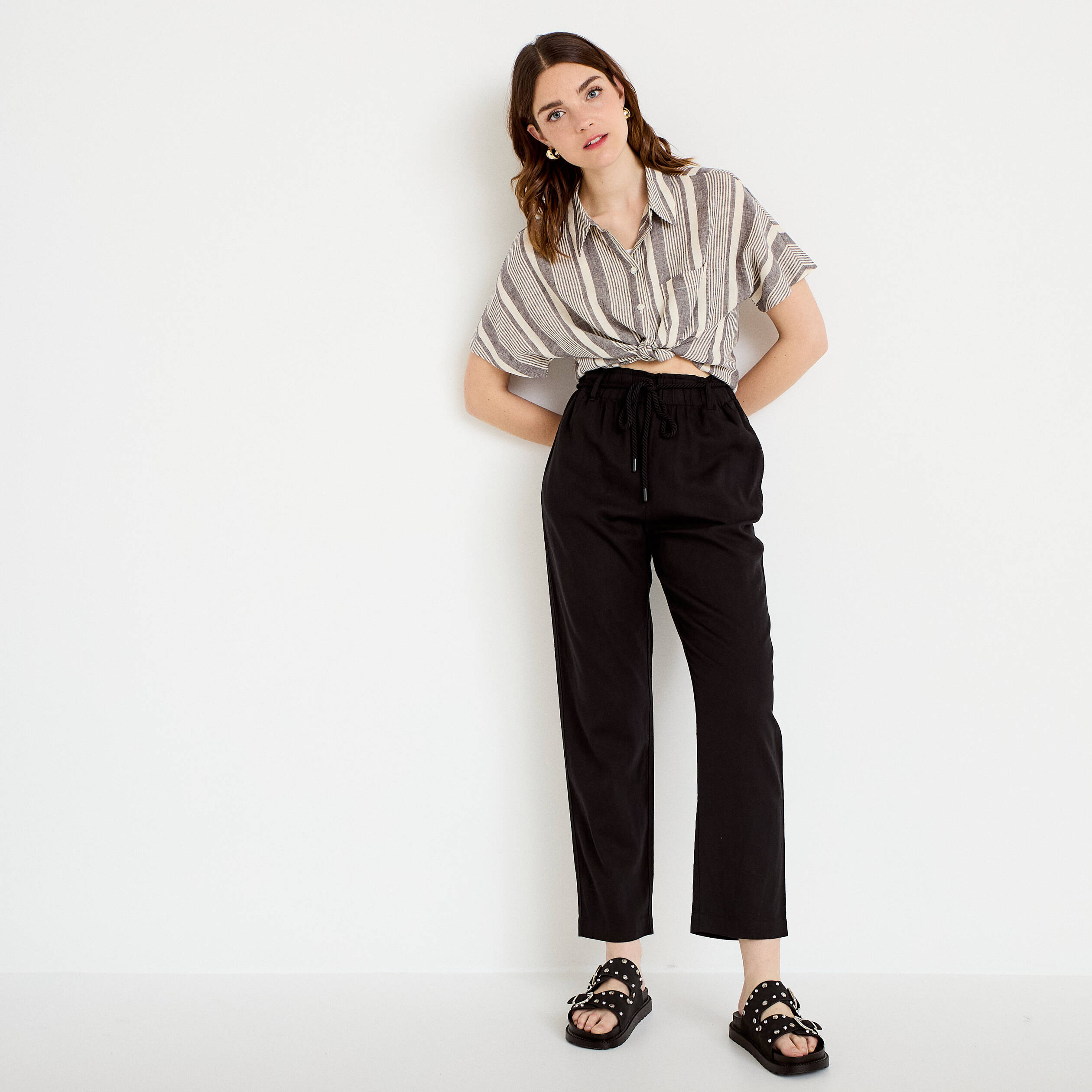 Pantalon droit 7/8&egrave;me taille haute noir femme