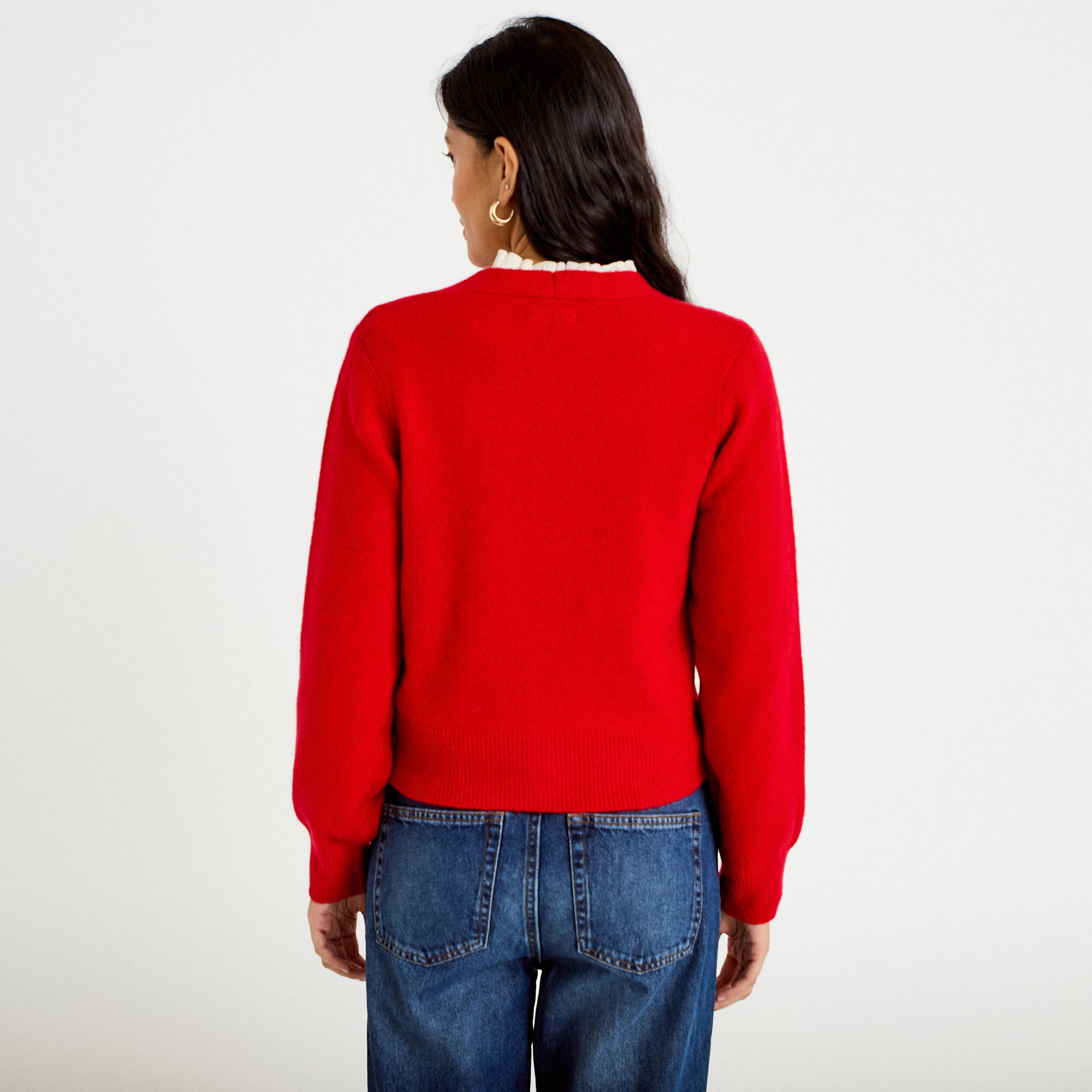 Gilet col v broderie manches longues rouge femme