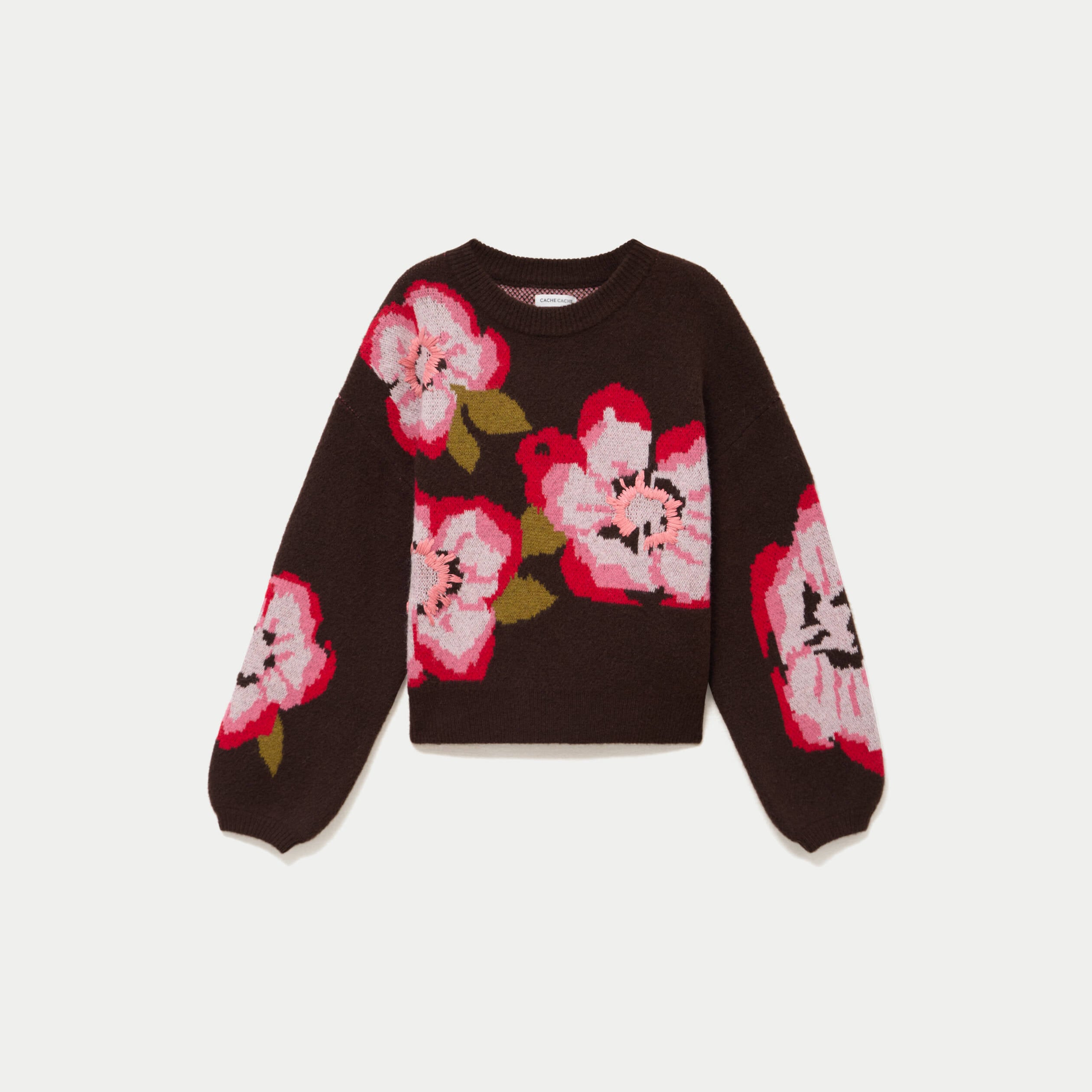 Pull ample col rond manches longues marron fonc&eacute; femme