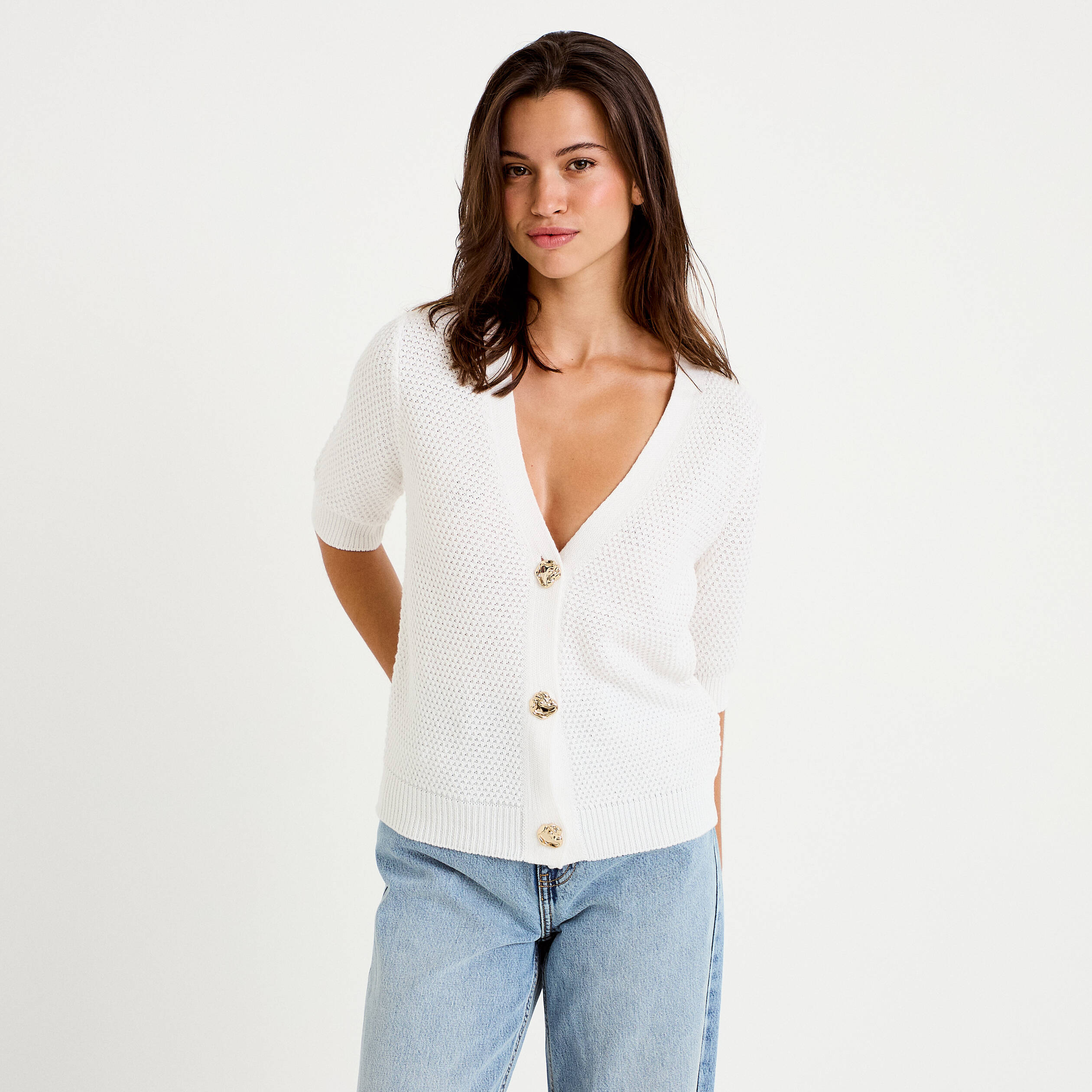 Gilet col v manches courtes ecru femme
