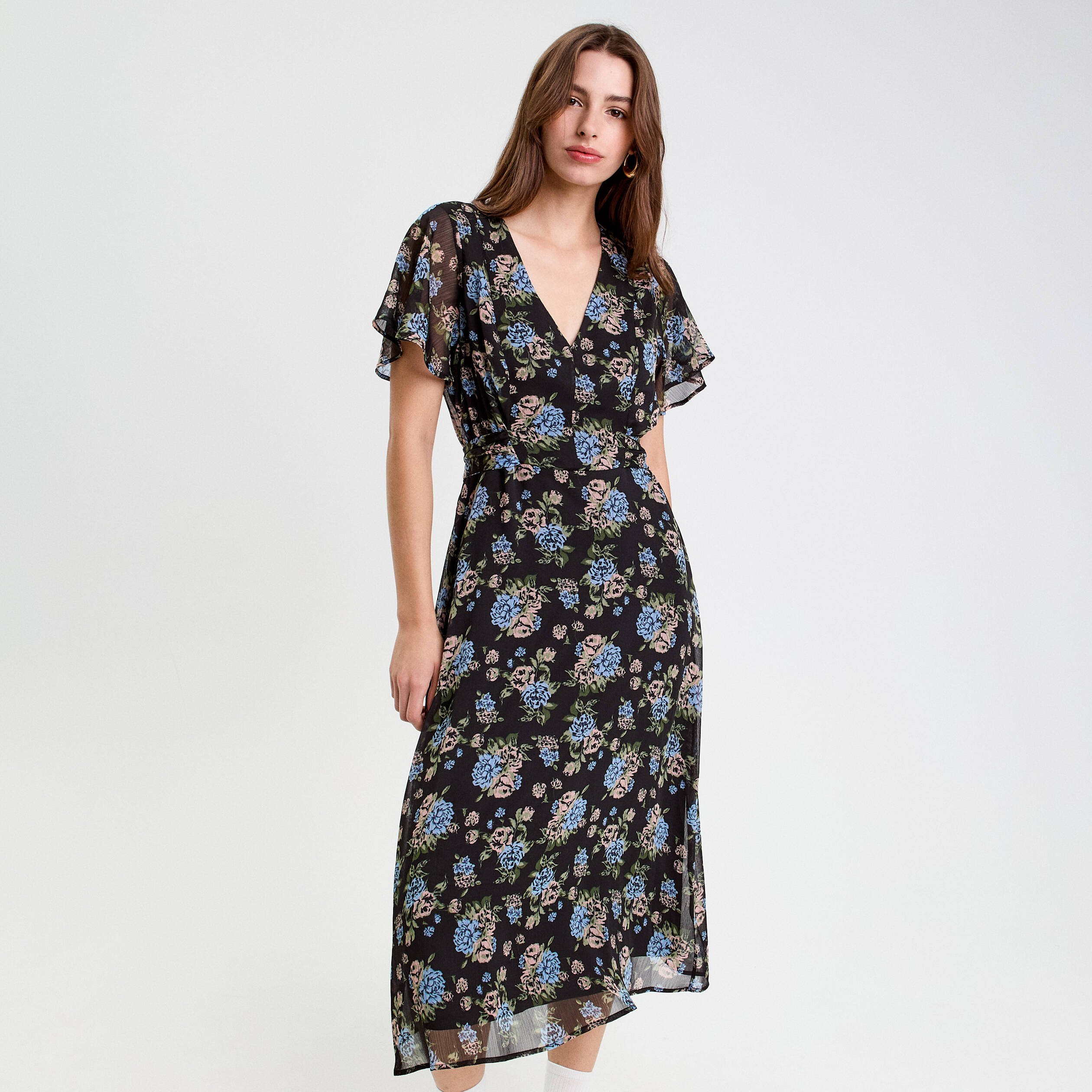 robe evasee col v manches courtes noir femme Robe évasée col v manches courtes noir femme