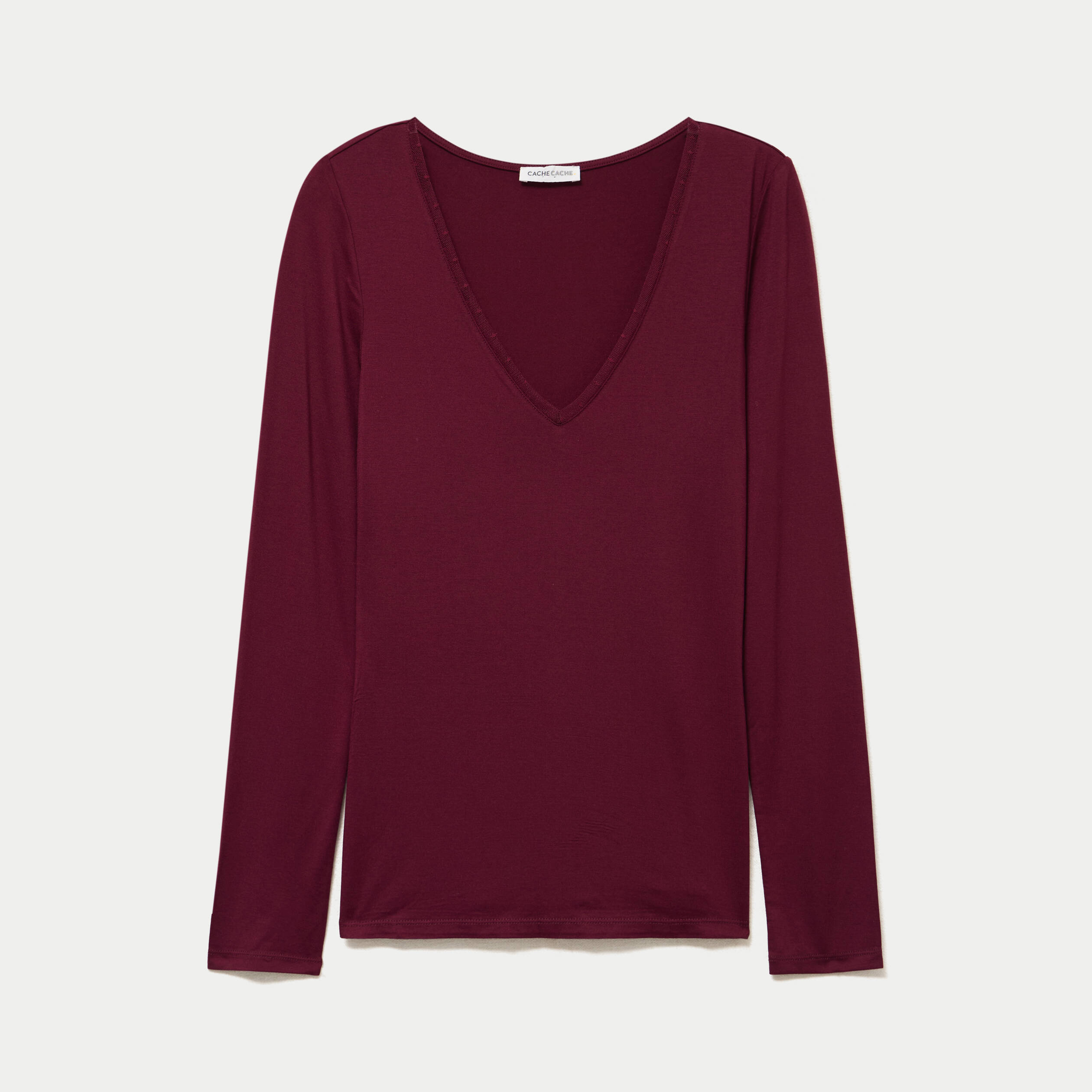 T-shirt thermique col en V plumetis bordeaux femme