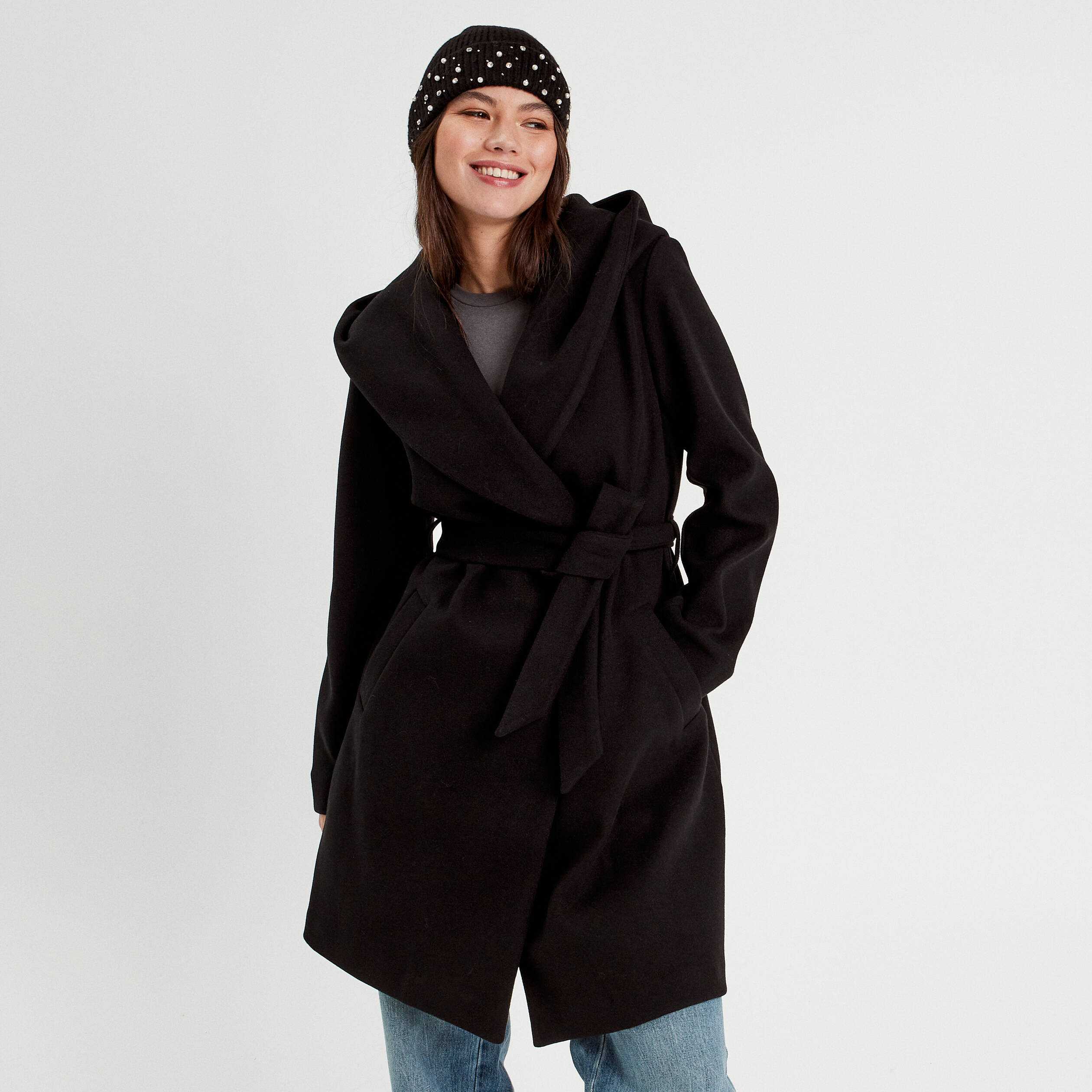 manteau ceinture a capuche noir femme Manteau ceinturé à capuche noir femme