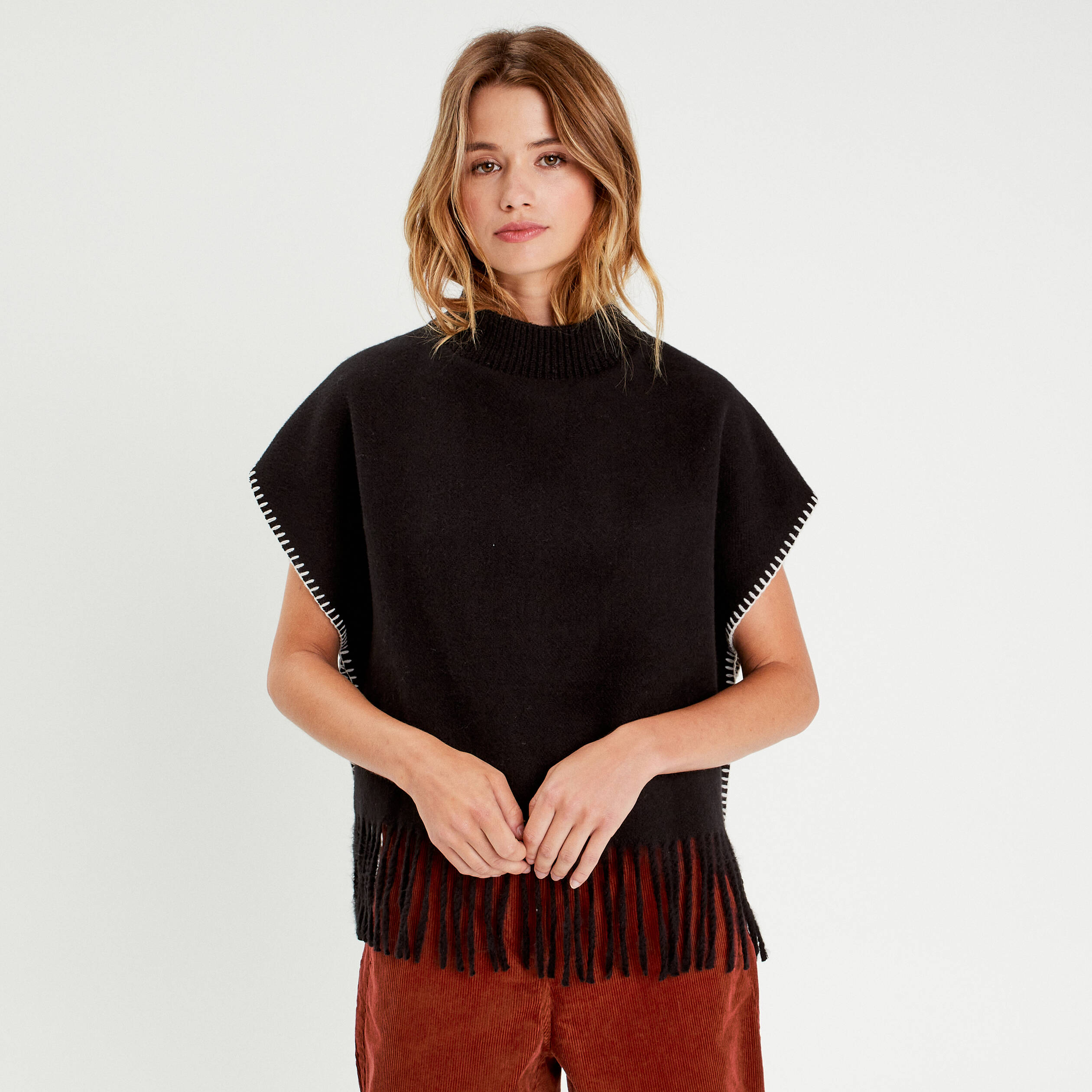 Poncho avec franges noir femme