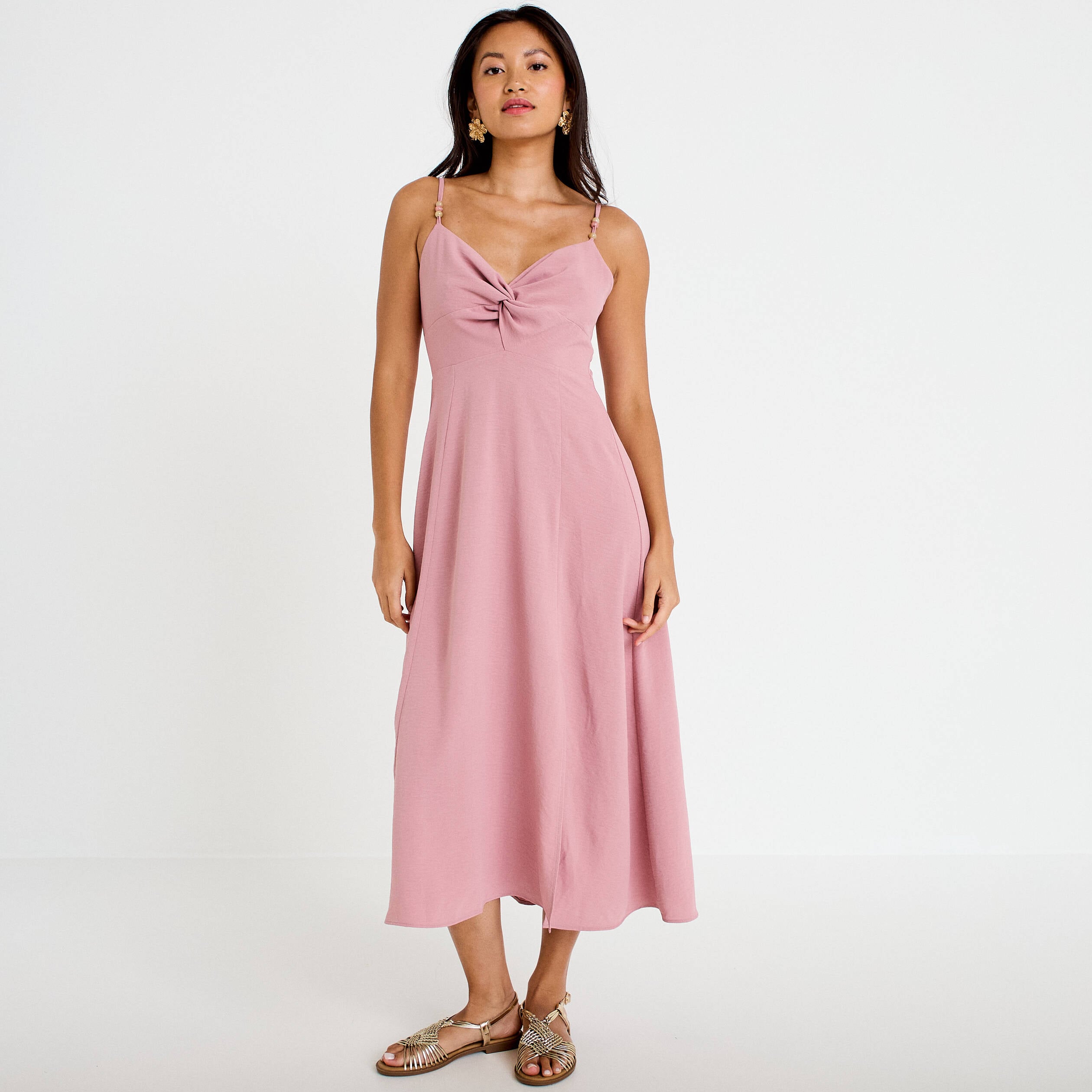 Robe longue &eacute;vas&eacute;e fendue vieux rose femme