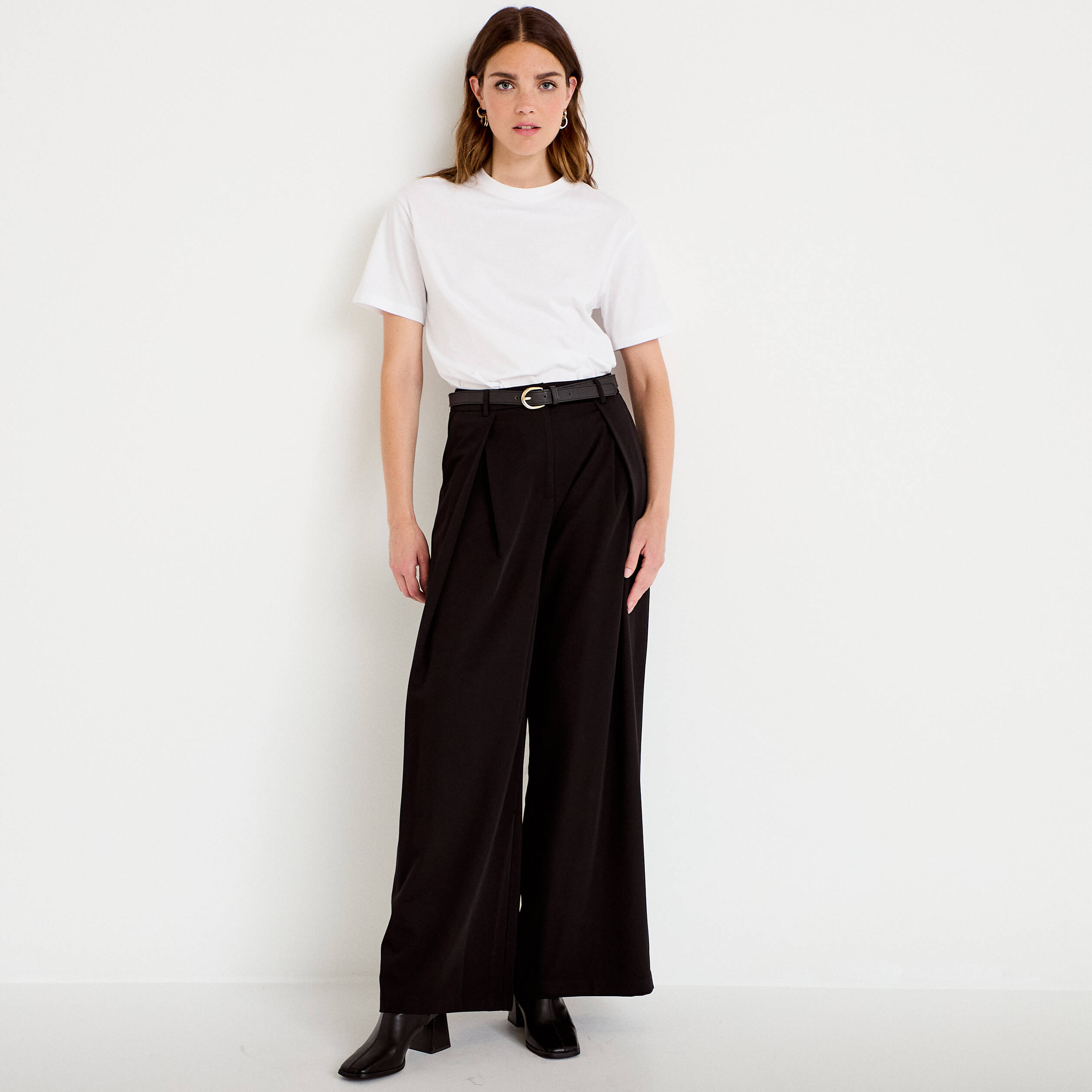 Pantalon large avec ceinture amovible noir femme