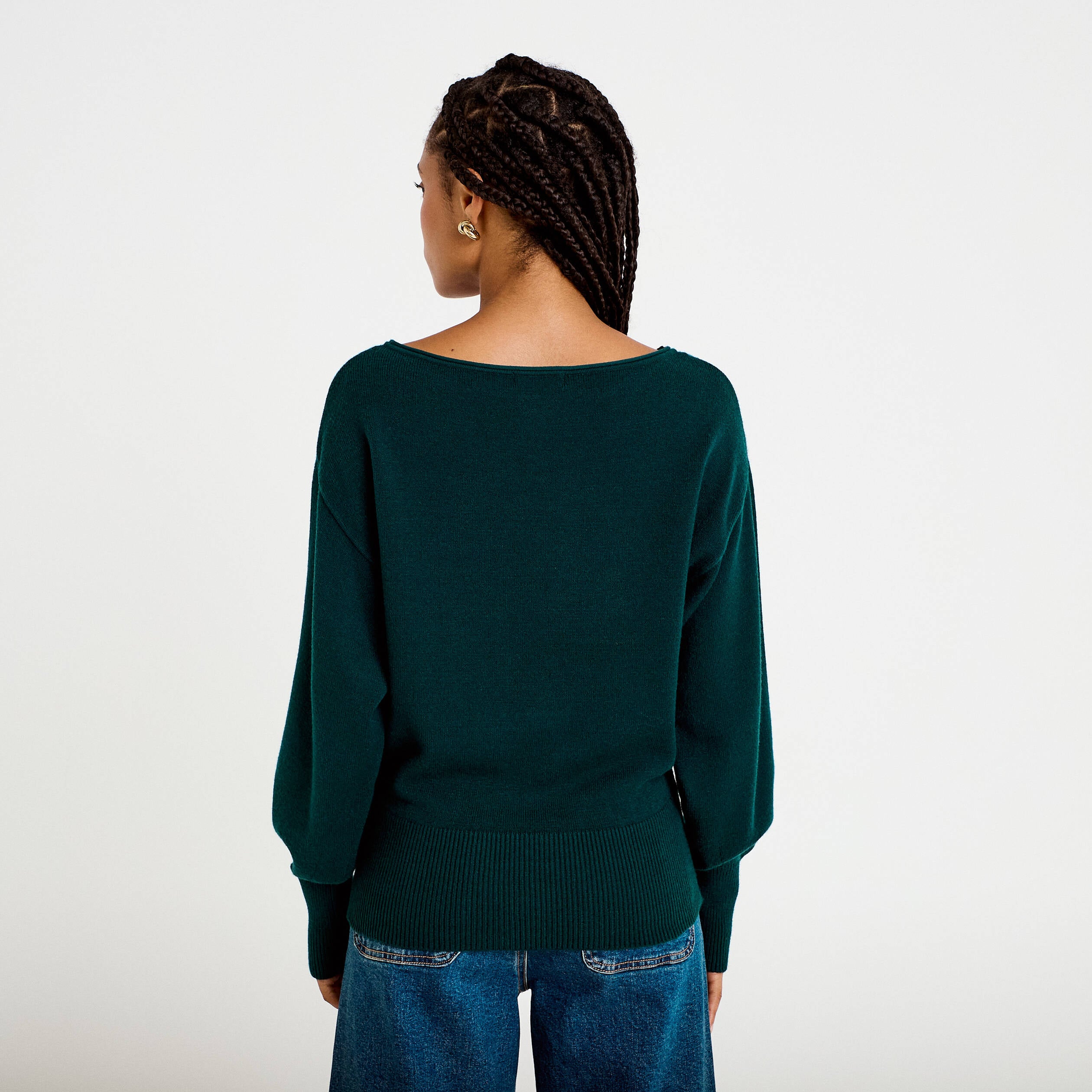 Pull oversize col bateau manches longues vert fonc&eacute; femme