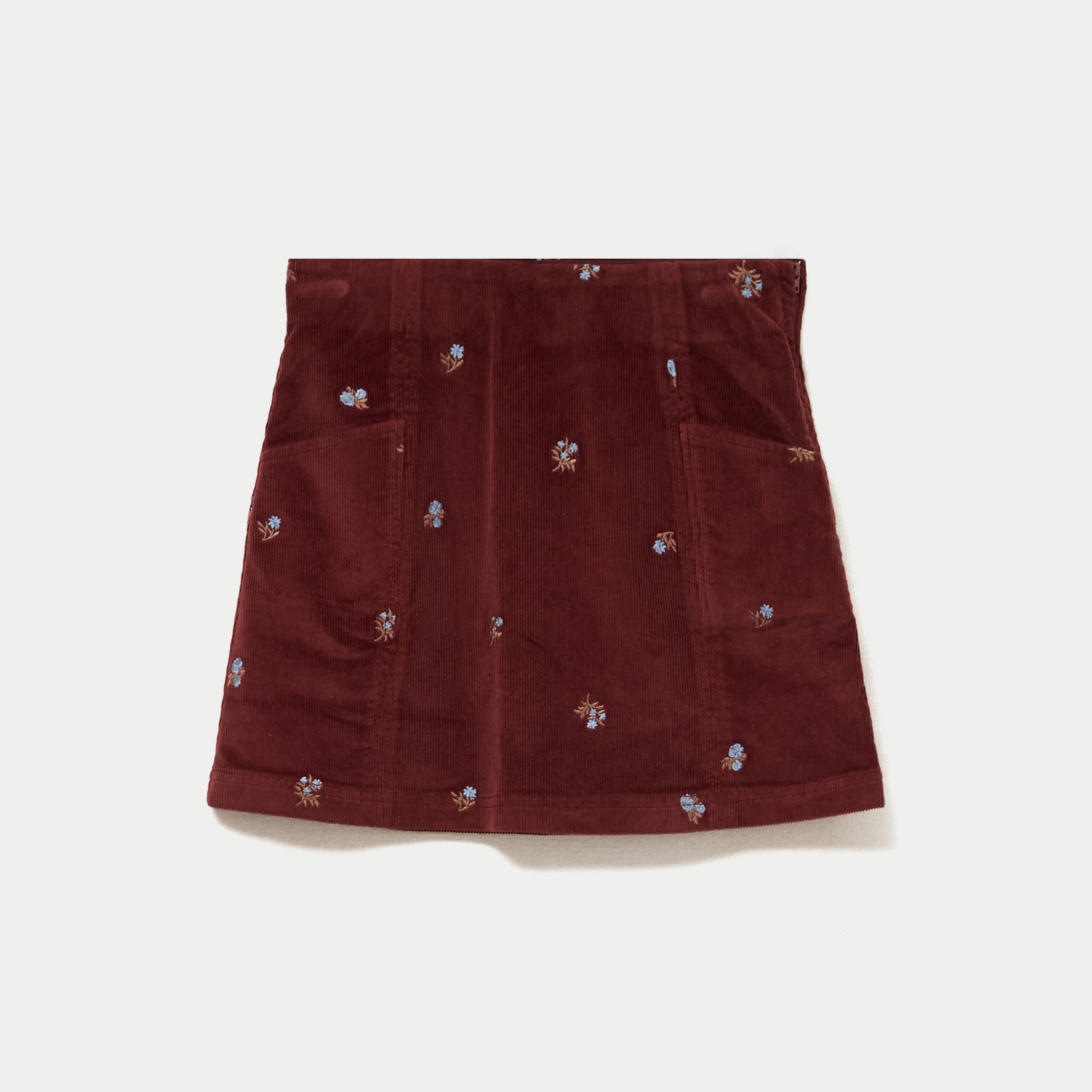 Jupe courte trap&egrave;ze en velours brod&eacute; marron femme