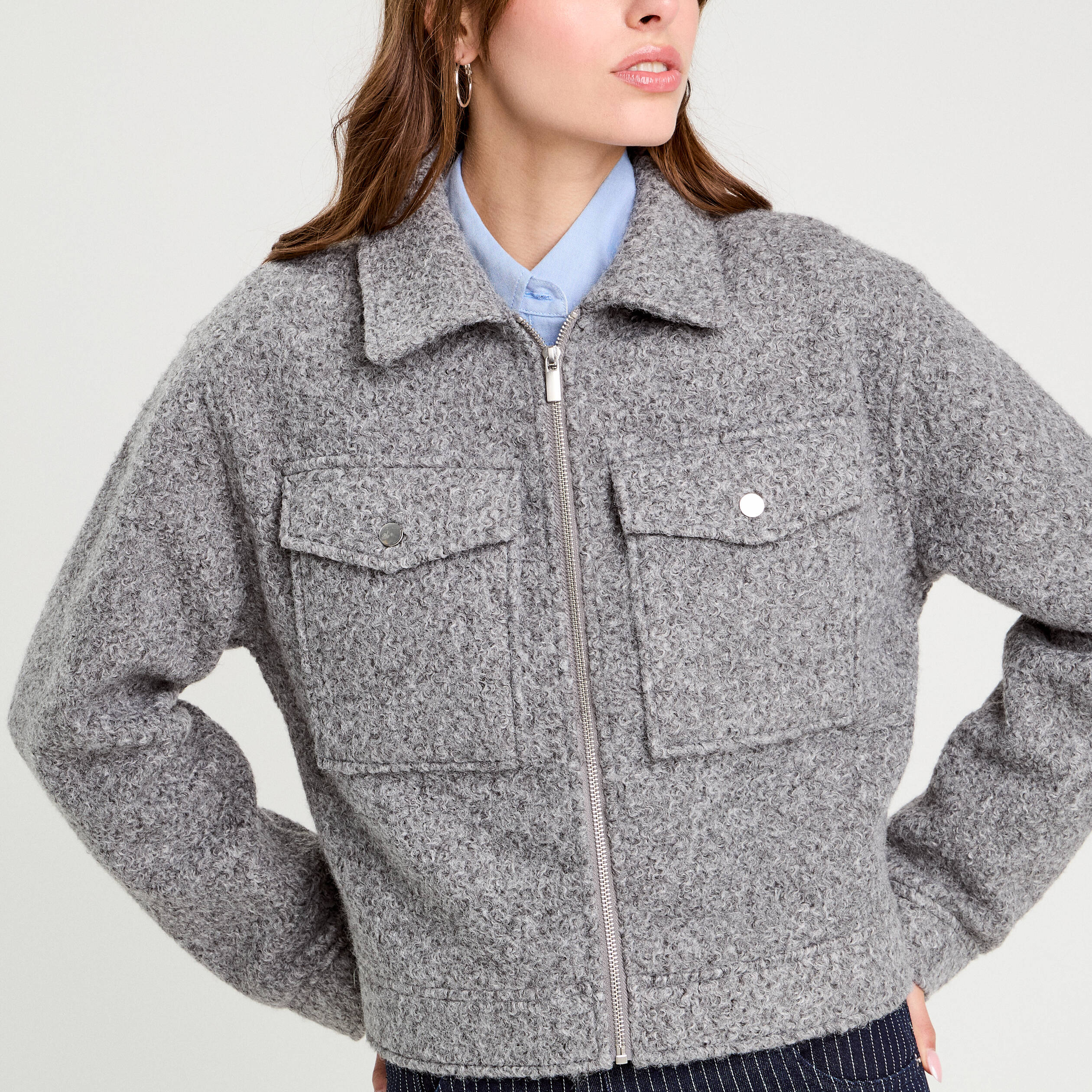 Veste zippée bouclette gris clair femme | Vibs