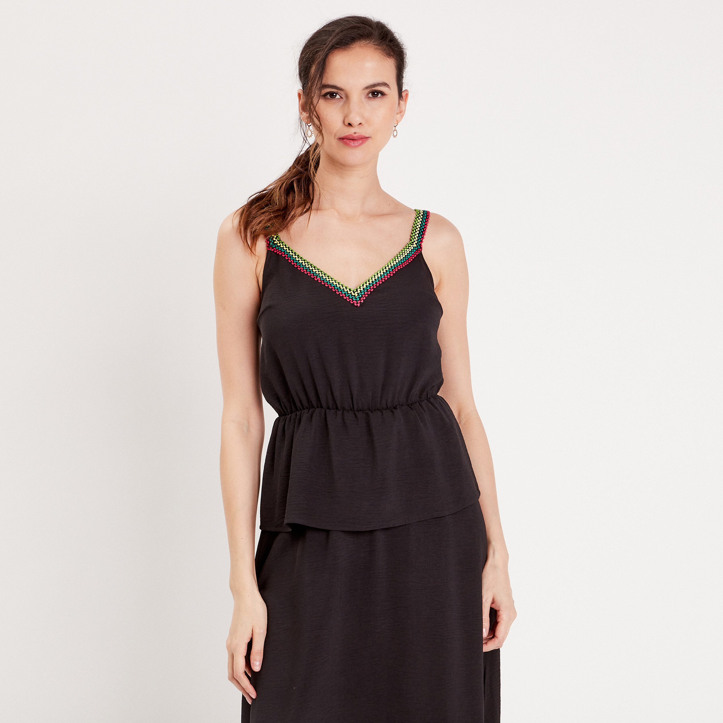Débardeur Femme Noir Avec Strass - 95% Coton, 5% élasthanne, Sans Manches, Taille Régulière, Neuf Avec étiquettes