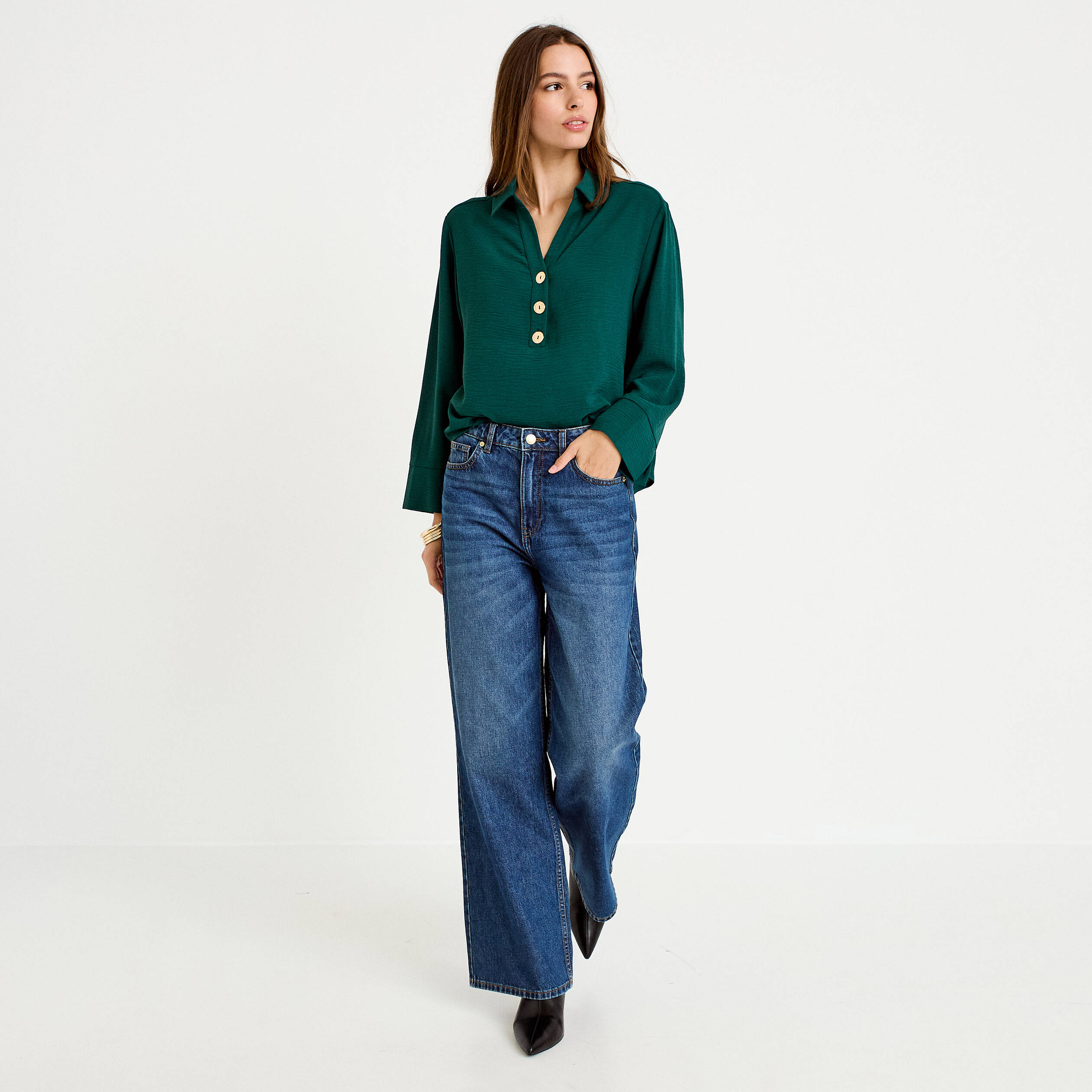 Blouse manches longues vert fonc&eacute; femme