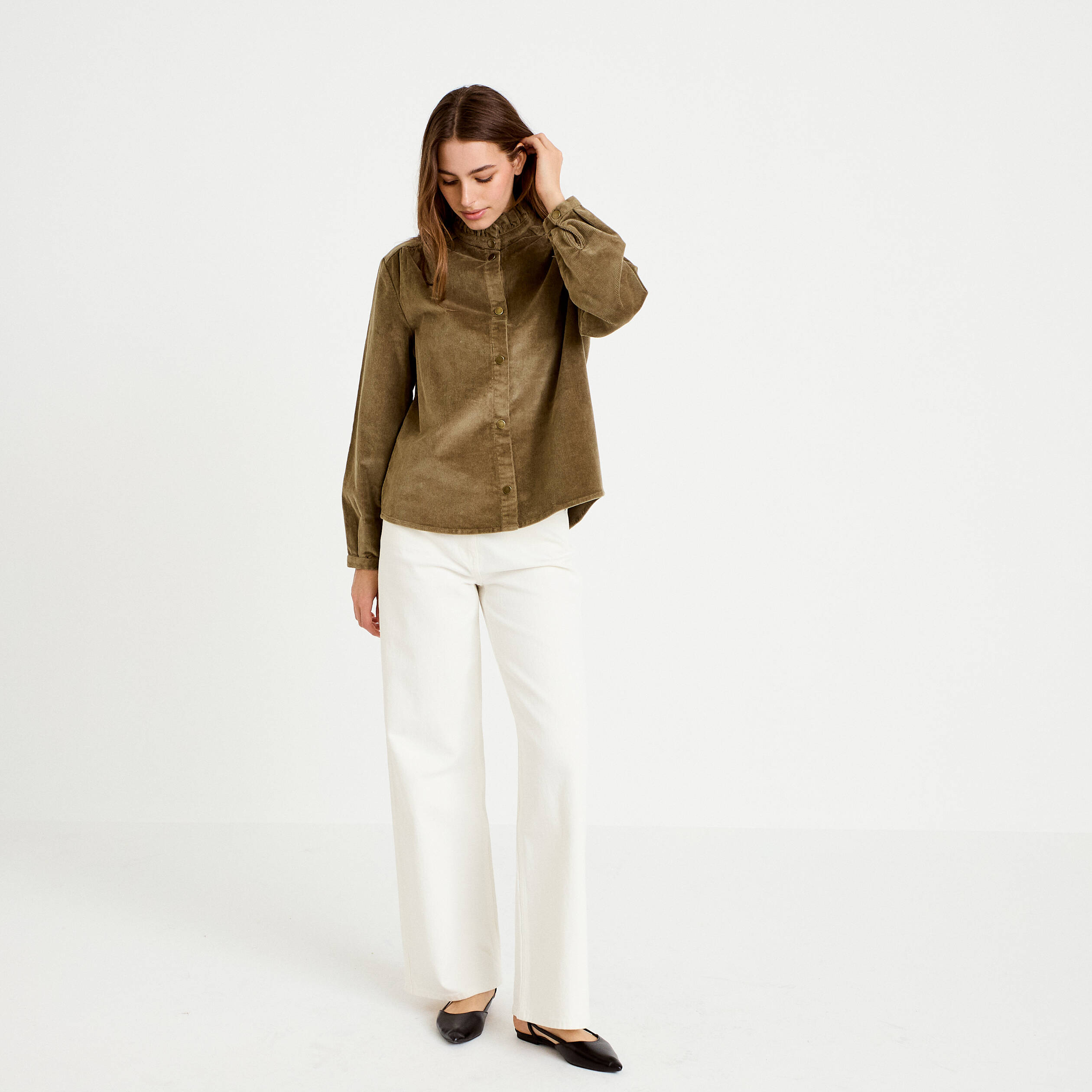 Chemise droite velours col montant vert kaki femme