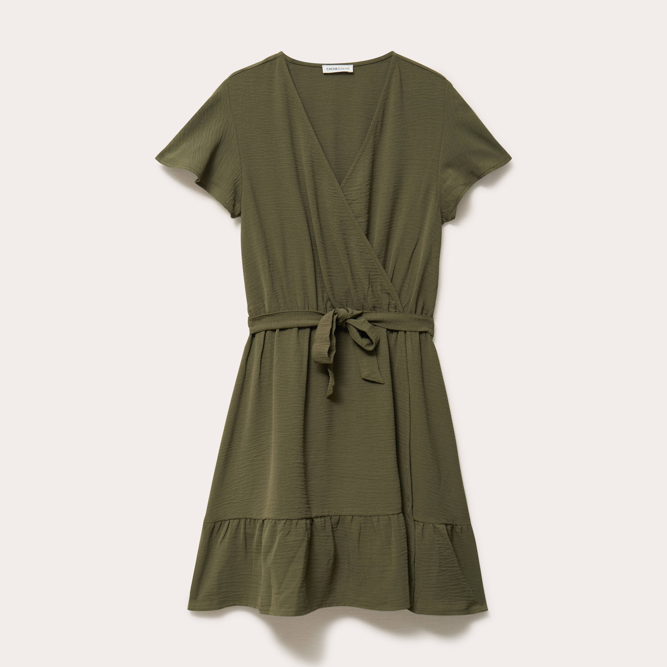 Robe courte &eacute;vas&eacute;e col v manches courtes vert kaki femme