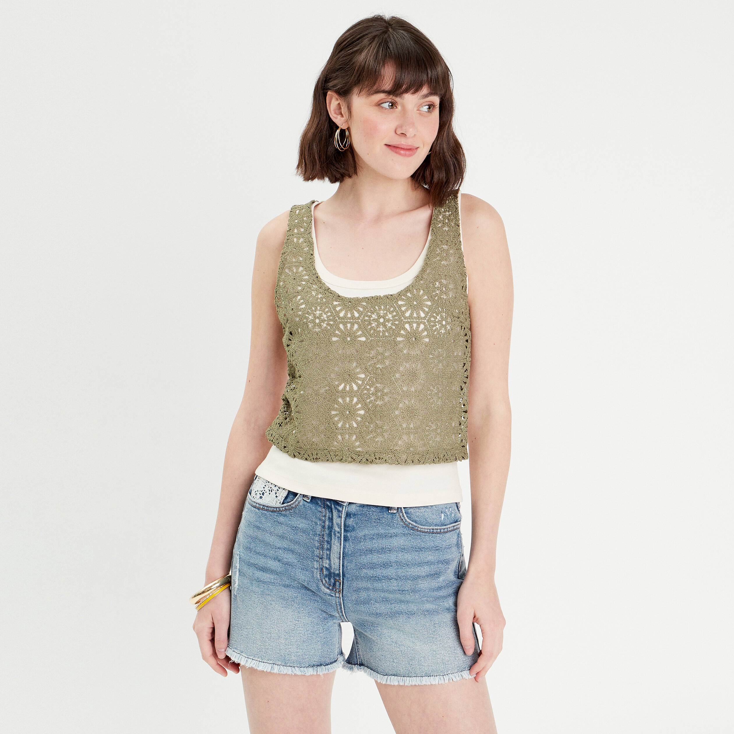 debardeur 2 en 1 crochet vert kaki femme Débardeur 2-en-1 crochet vert kaki femme