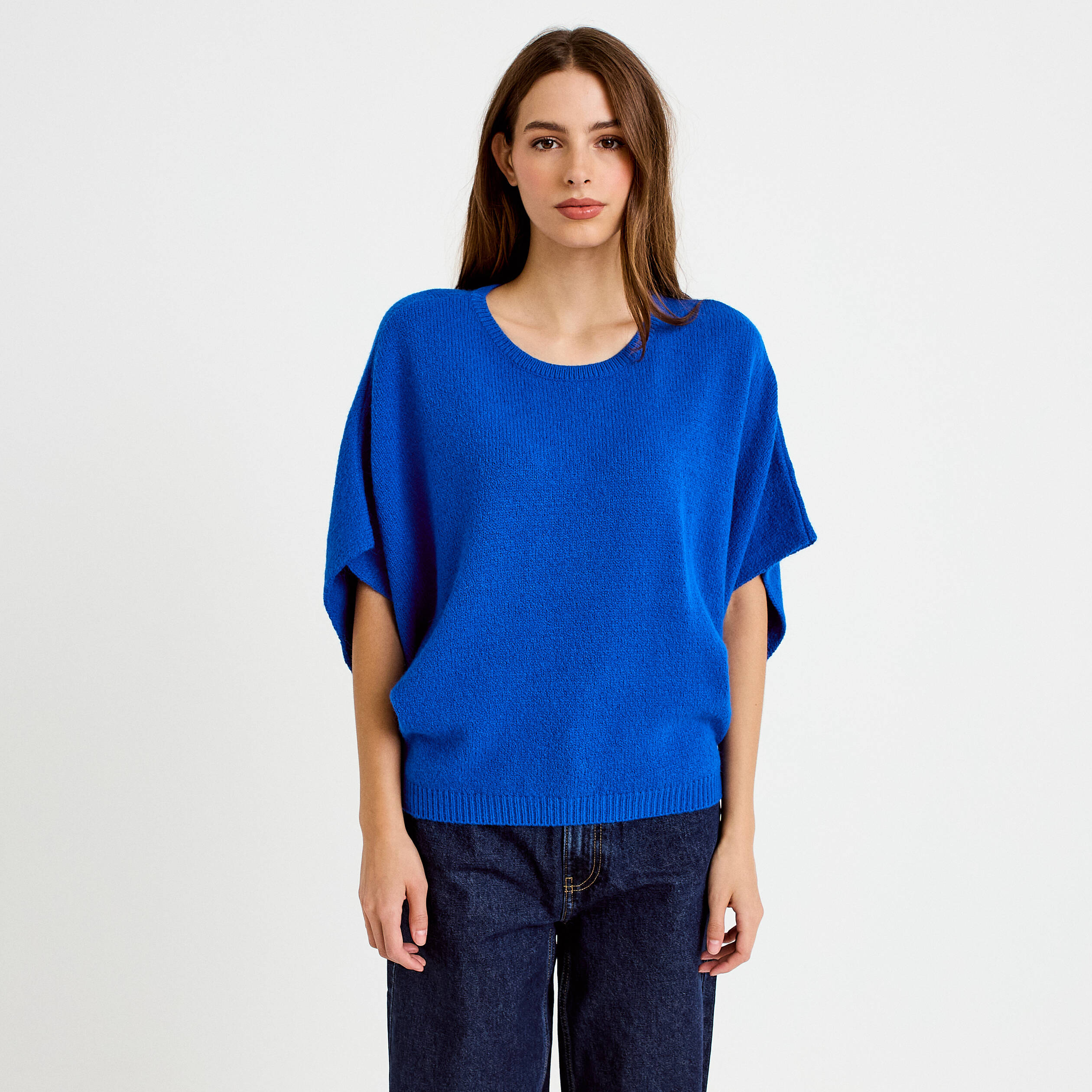 Pull oversize col rond manches courtes bleu electrique femme