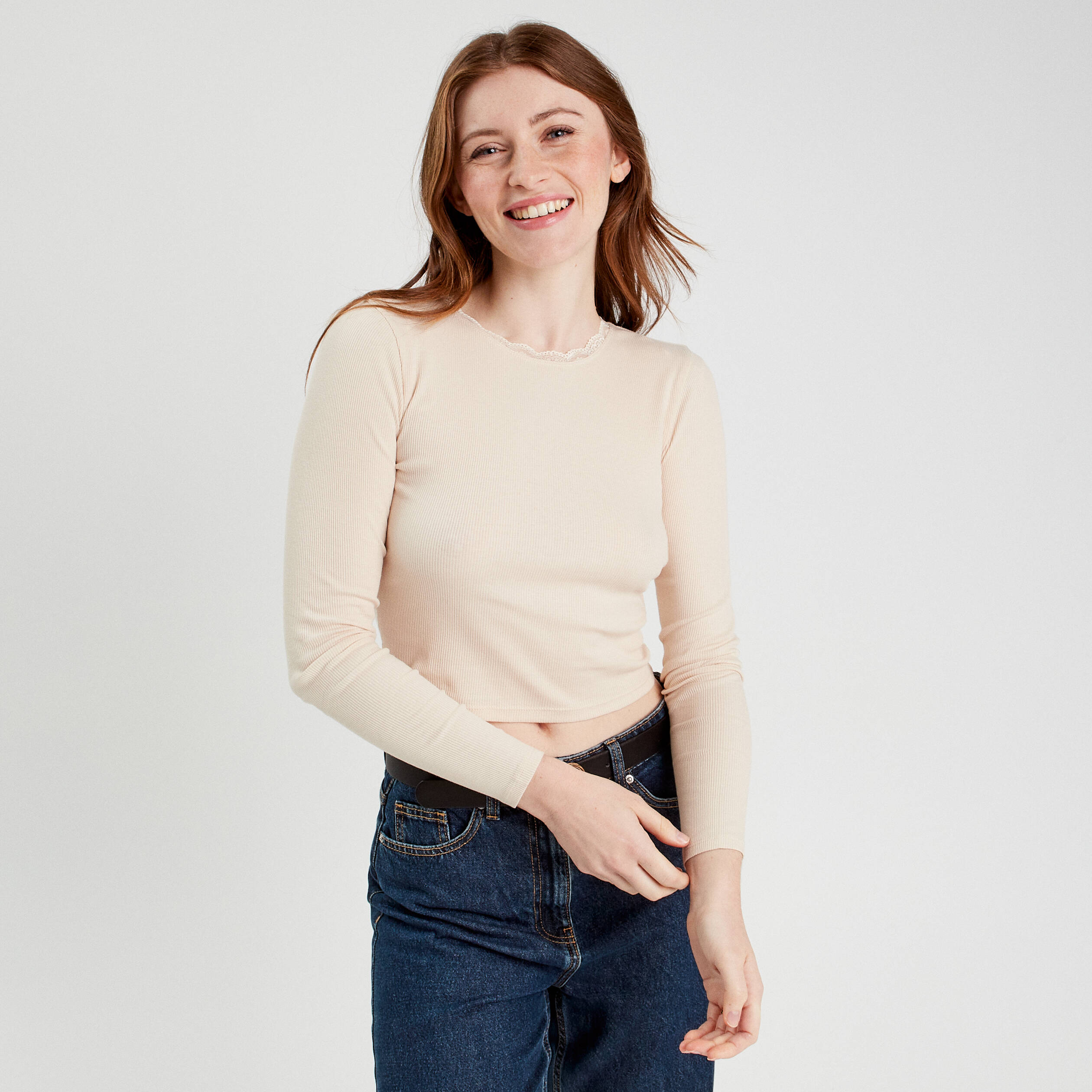 T-shirt cropped c&ocirc;tel&eacute; ecru femme