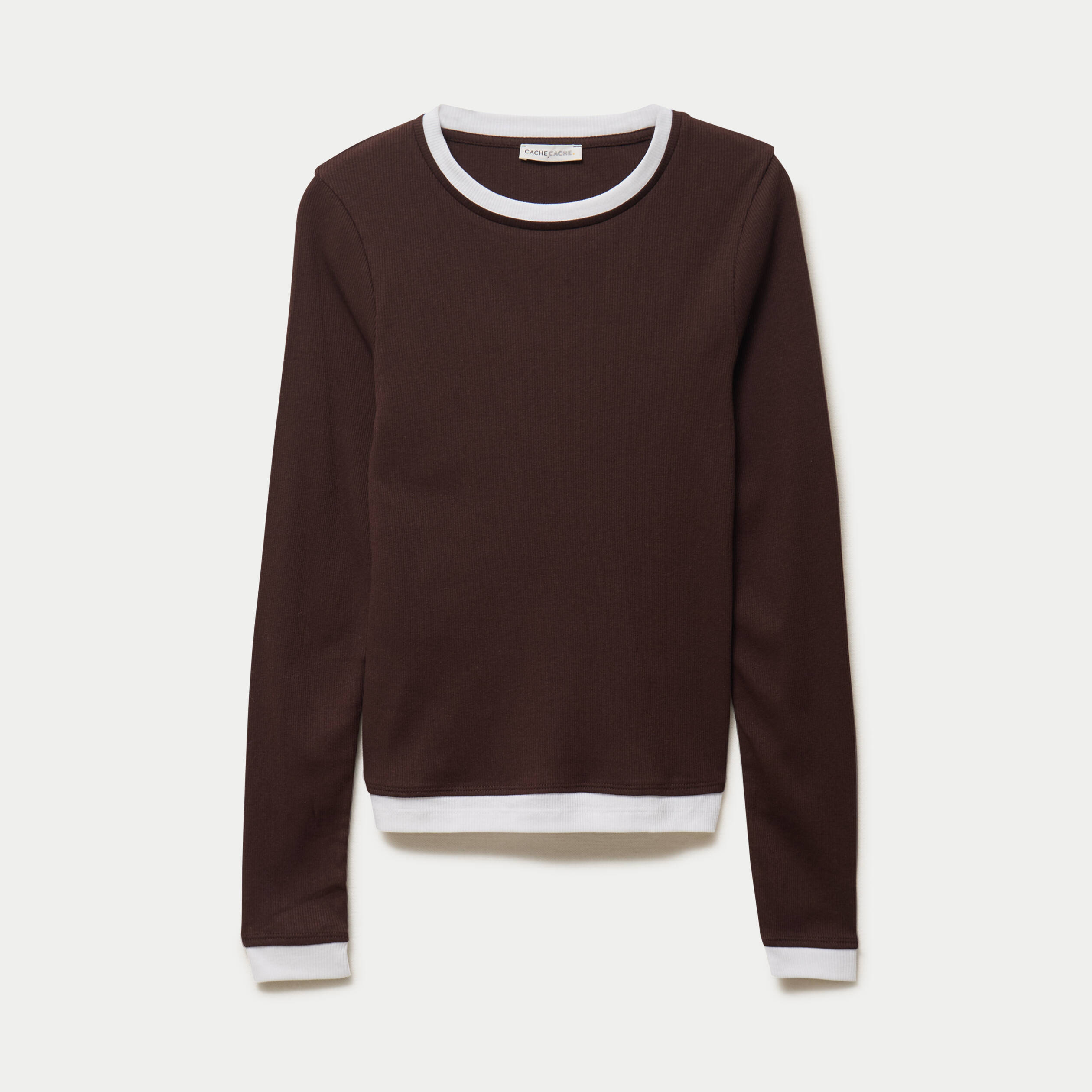 T-shirt 2-en-1 col rond manches longues marron fonc&eacute; femme