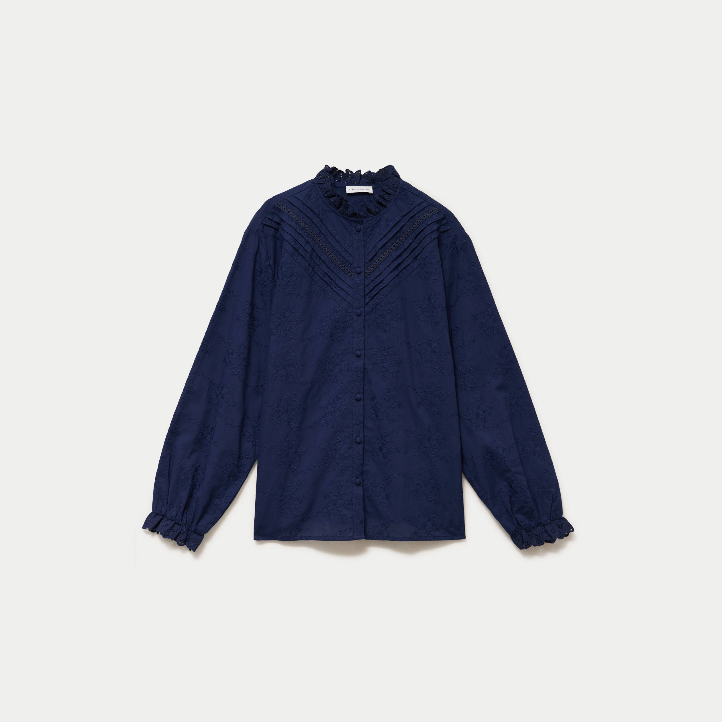 Blouse ample col montant manches longues bleu marine femme