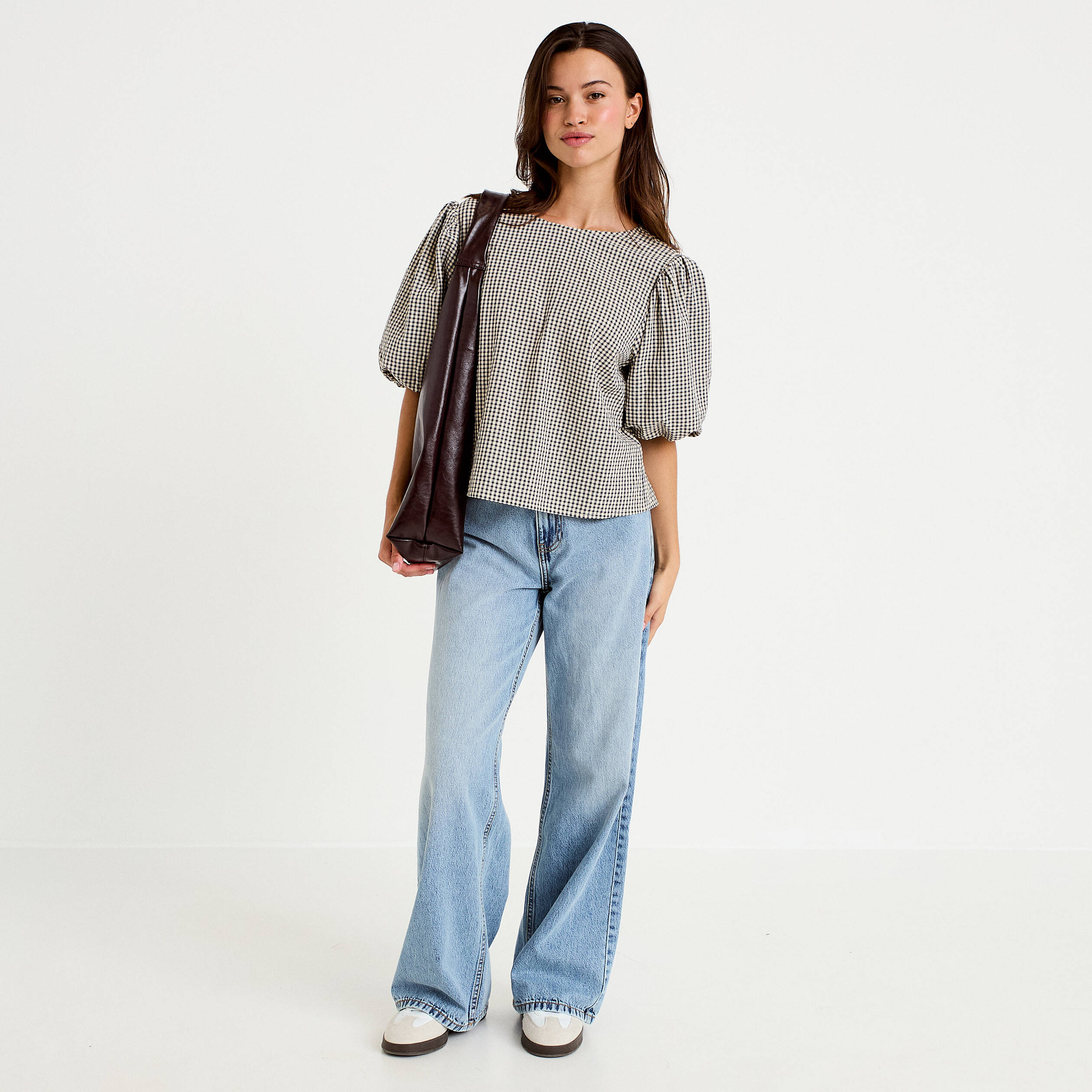 Blouse effet boule manches courtes bleu femme