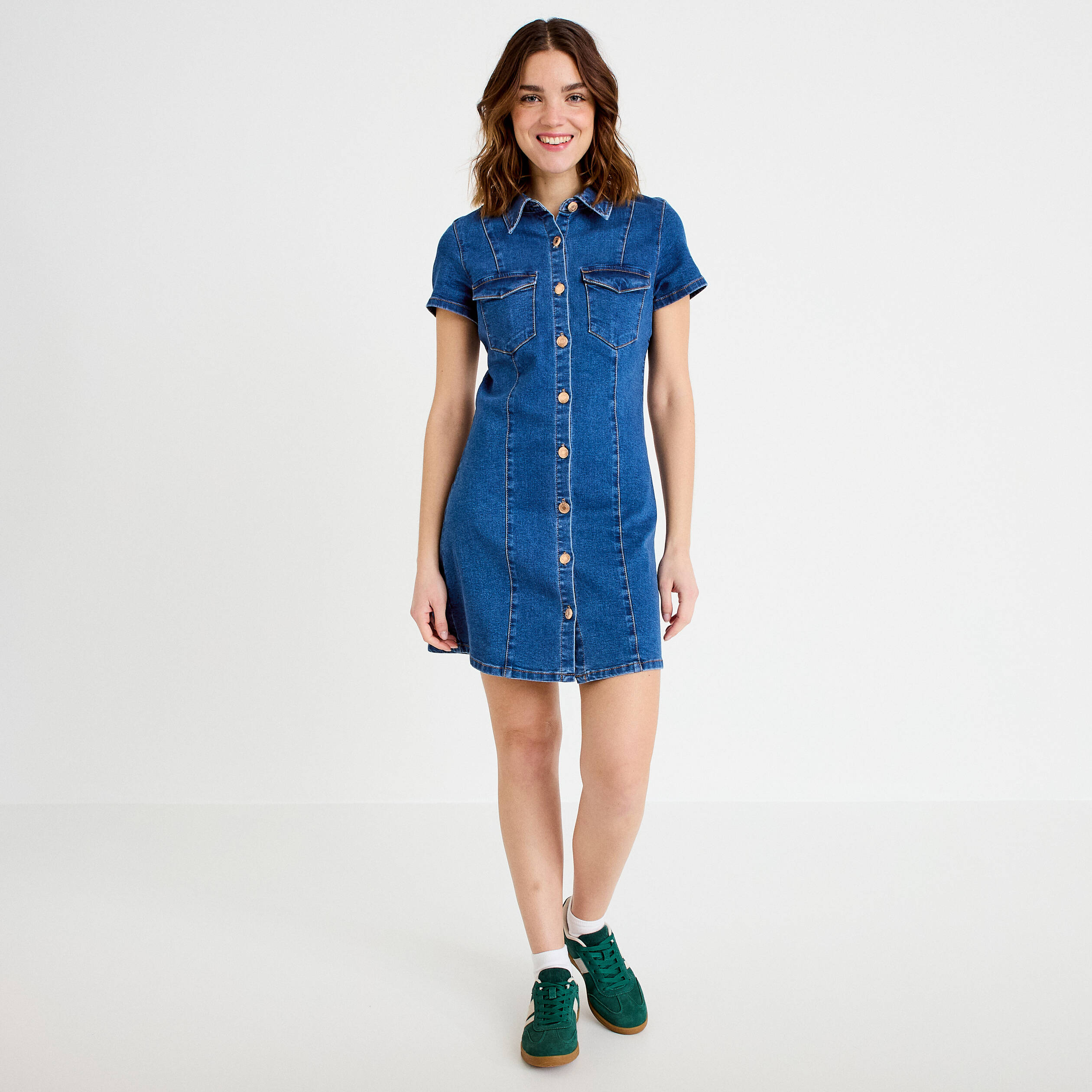 Robe trap&egrave;ze courte en jean col chemise denim double stone femme