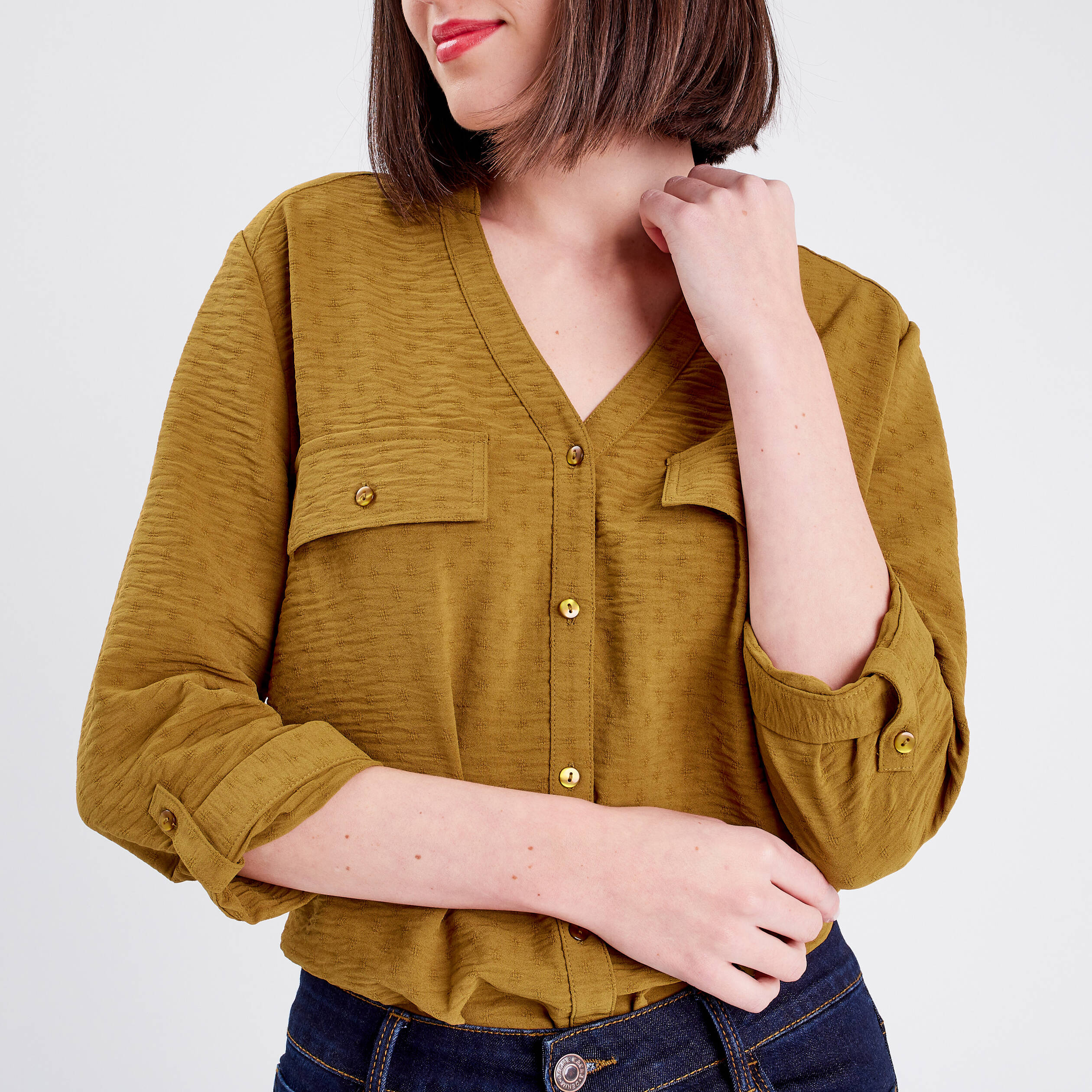 Chemise manches 3/4 vert olive femme