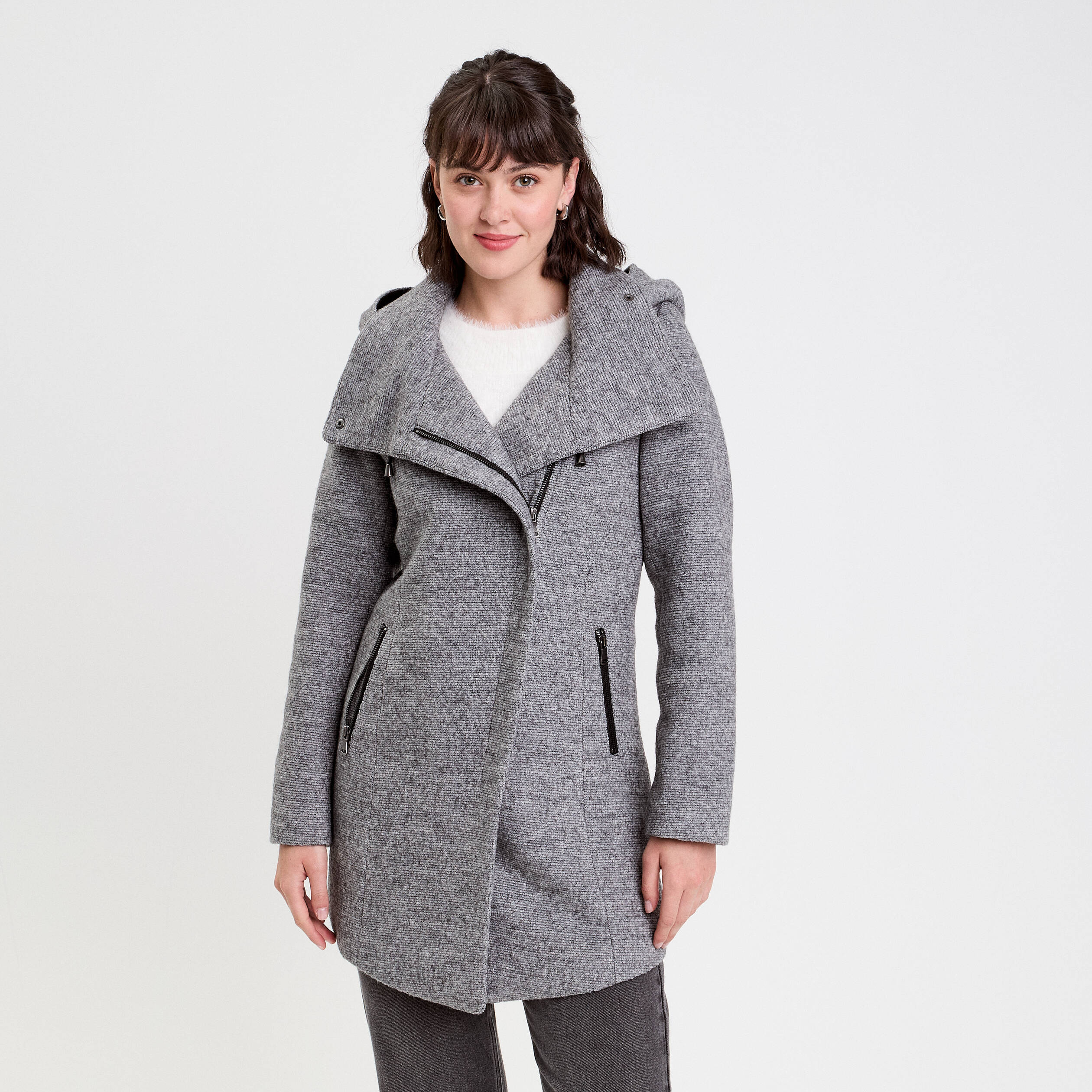Manteau cintr&eacute; asym&eacute;trique gris fonc&eacute; femme