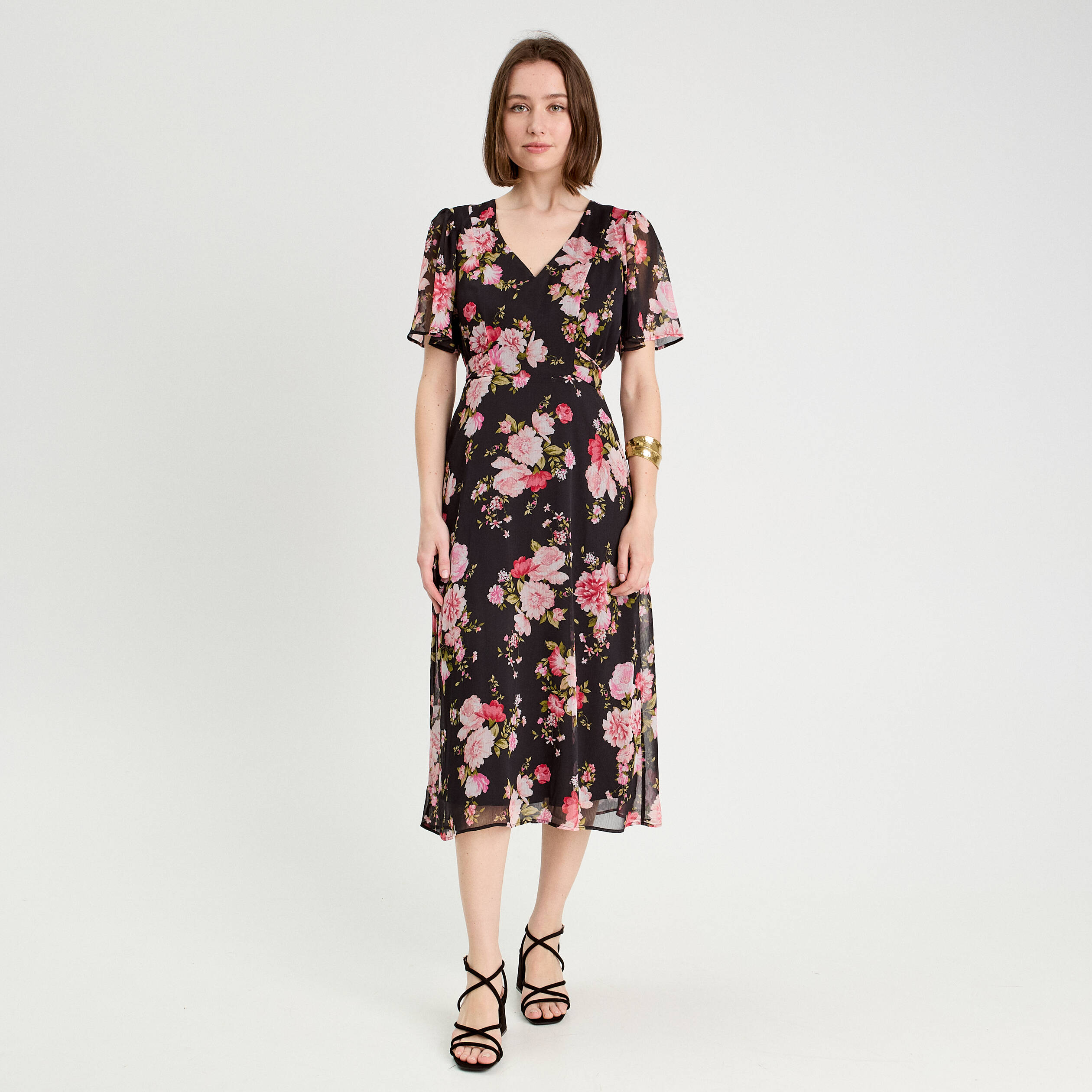 robe midi evasee col en v noir femme Robe midi évasée col en V noir femme